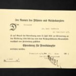 Hindenburg Cross Award Document to a Dentist – Frankfurt am Main