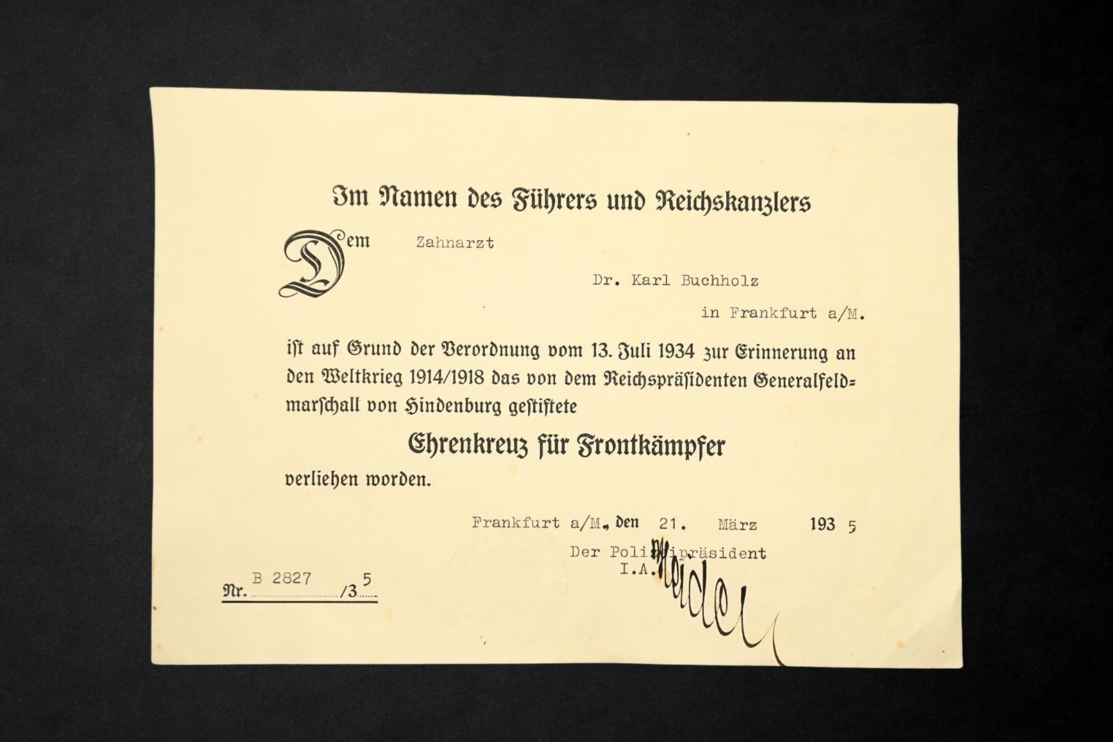 Ontwerp zonder titel (45) Hindenburg Cross Award Document to a Dentist – Frankfurt am Main - Image 1