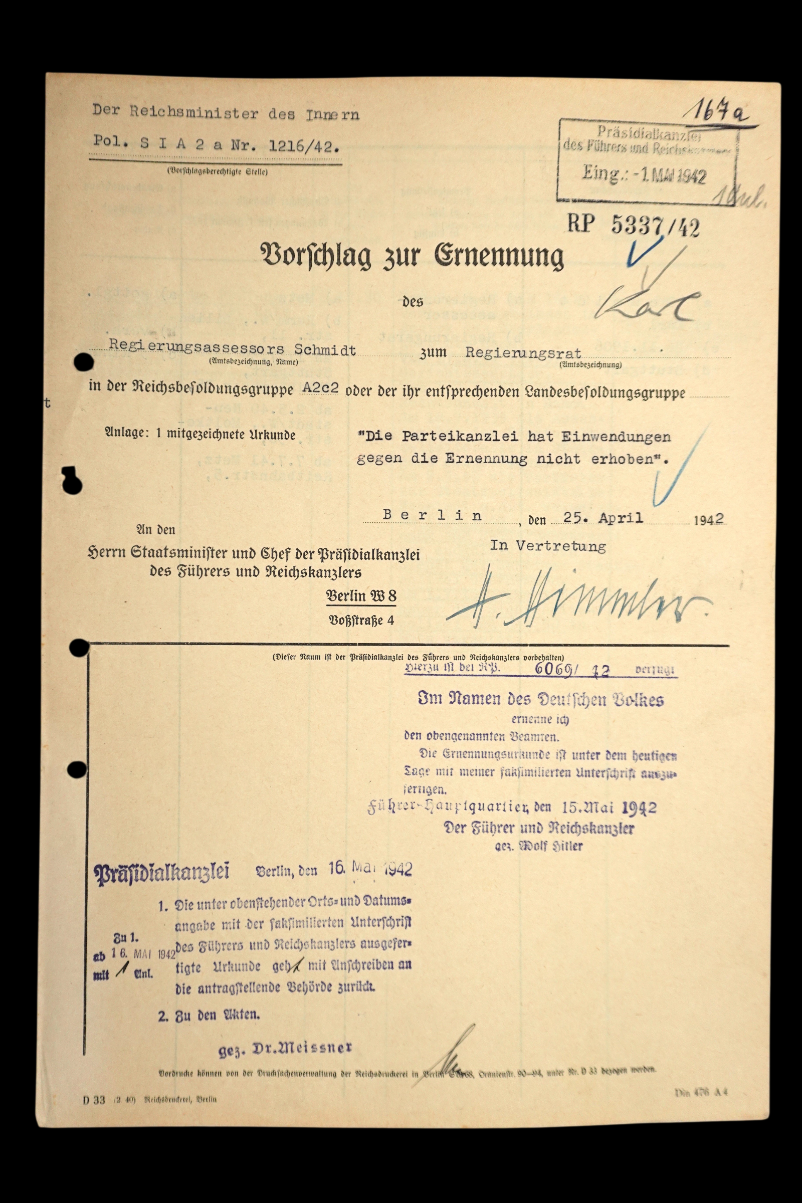 DSC00970 WWII German Gestapo / SD Personnel Promotion File – BdS Metz - Signed by Heinrich Himmler! - Image 1