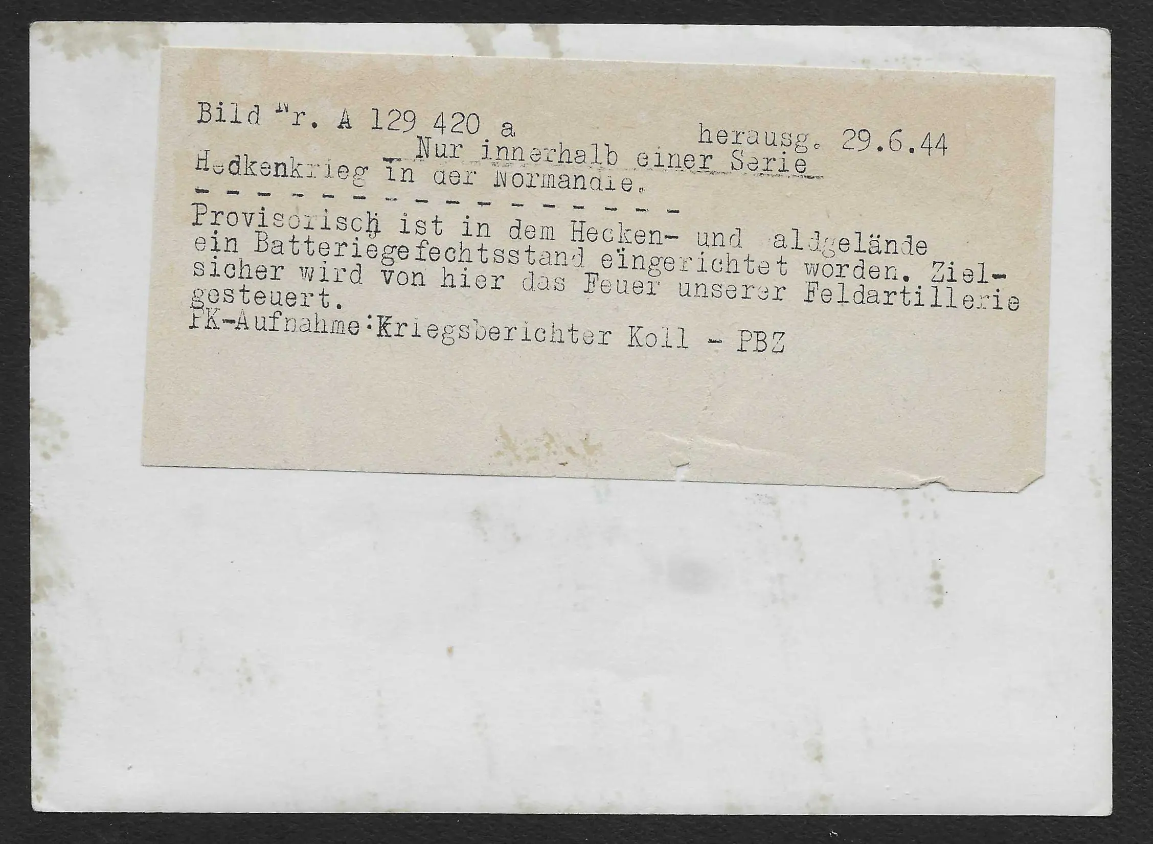 WWII German Press Photo – Artillery Command Post in the Normandy Bocage – Dated 29.06.1944 - Image 2