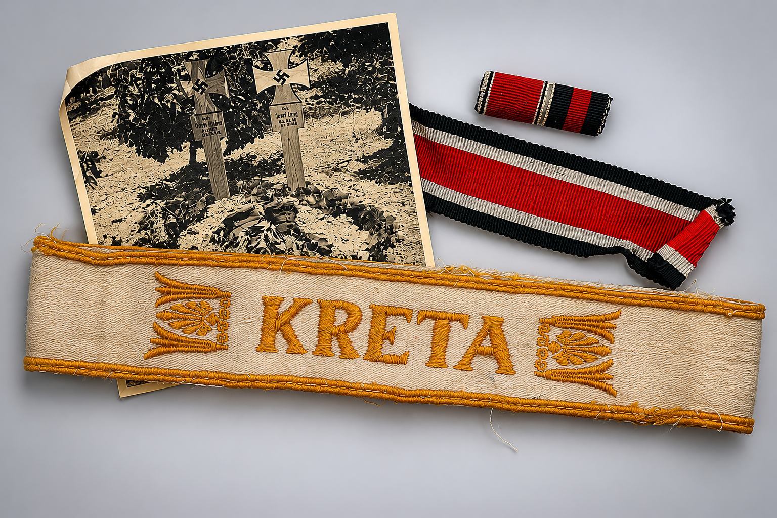 Image 1 jun 2026, 18_02_28 WWII German “Kreta” Cuff Title Grouping with EK II Ribbon & Gebirgsjäger Grave Photograph - Image 1