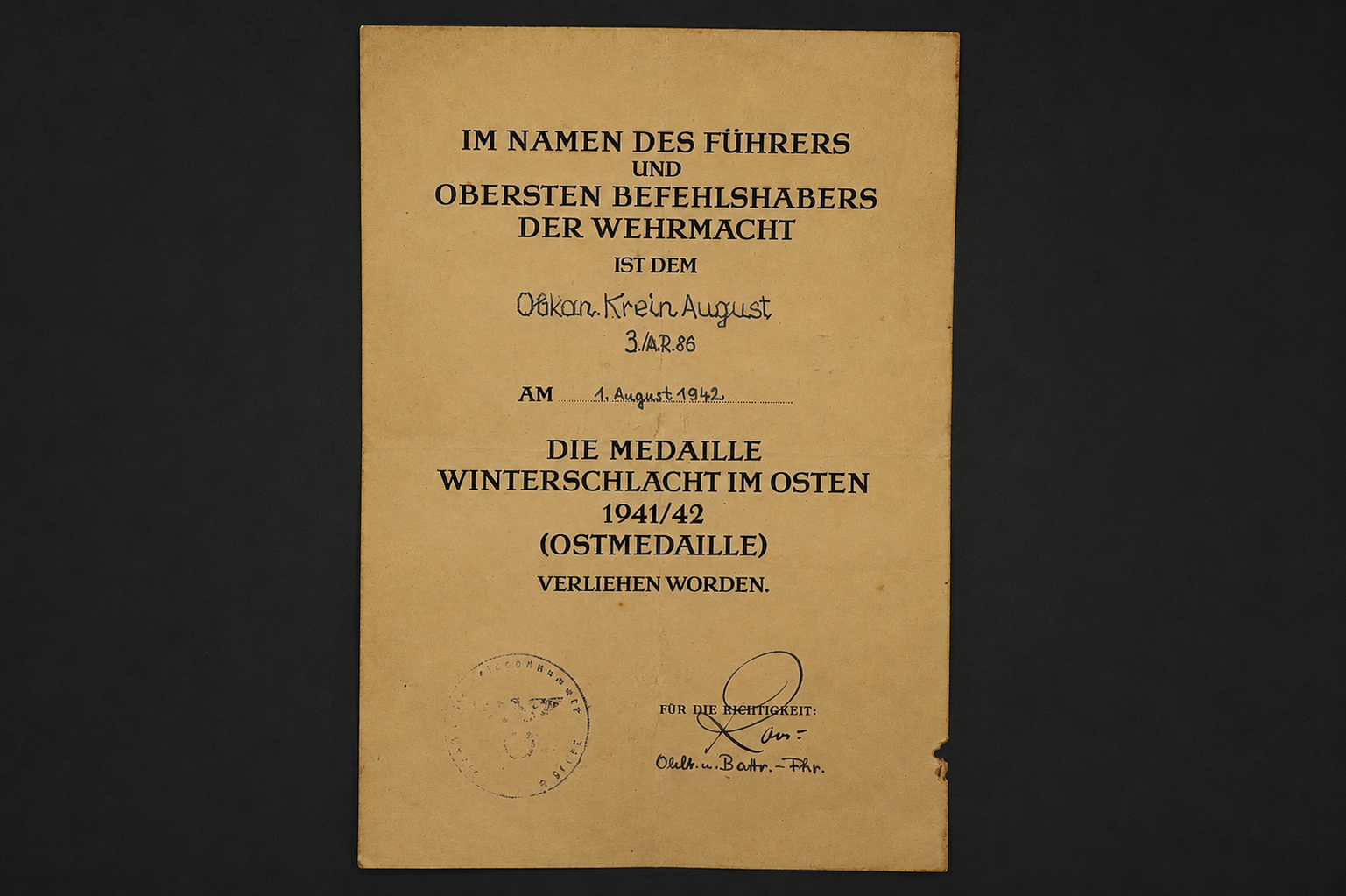 Image 15 jun 2026, 14_11_37 WWII Ostmedaille (Eastern Front Medal) Award Document – Artillerie-Regiment 86 (1942) - Image 1