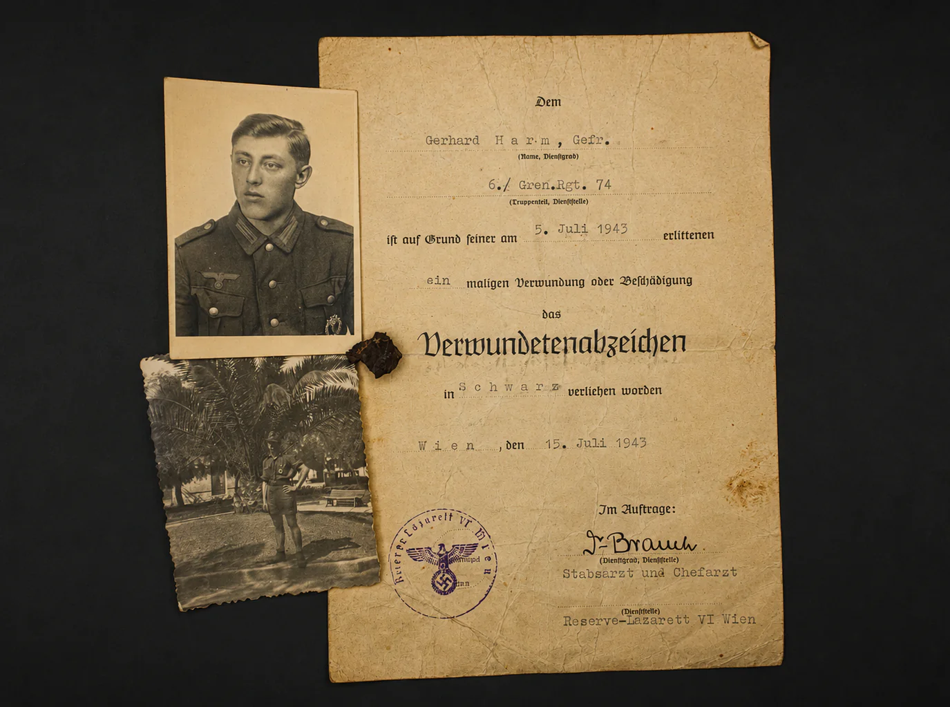 Image 15 jun 2026, 14_21_24 WWII Wound Badge Document, Photos & Battlefield Shrapnel Group – Grenadier-Regiment 74 - Image 1