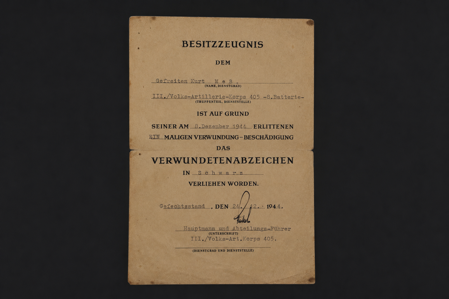 Image 15 jun 2026, 14_26_50 WWII Wound Badge in Black Award Document – Volks-Artillerie-Korps 405 (Ardennen, 1944) - Image 1