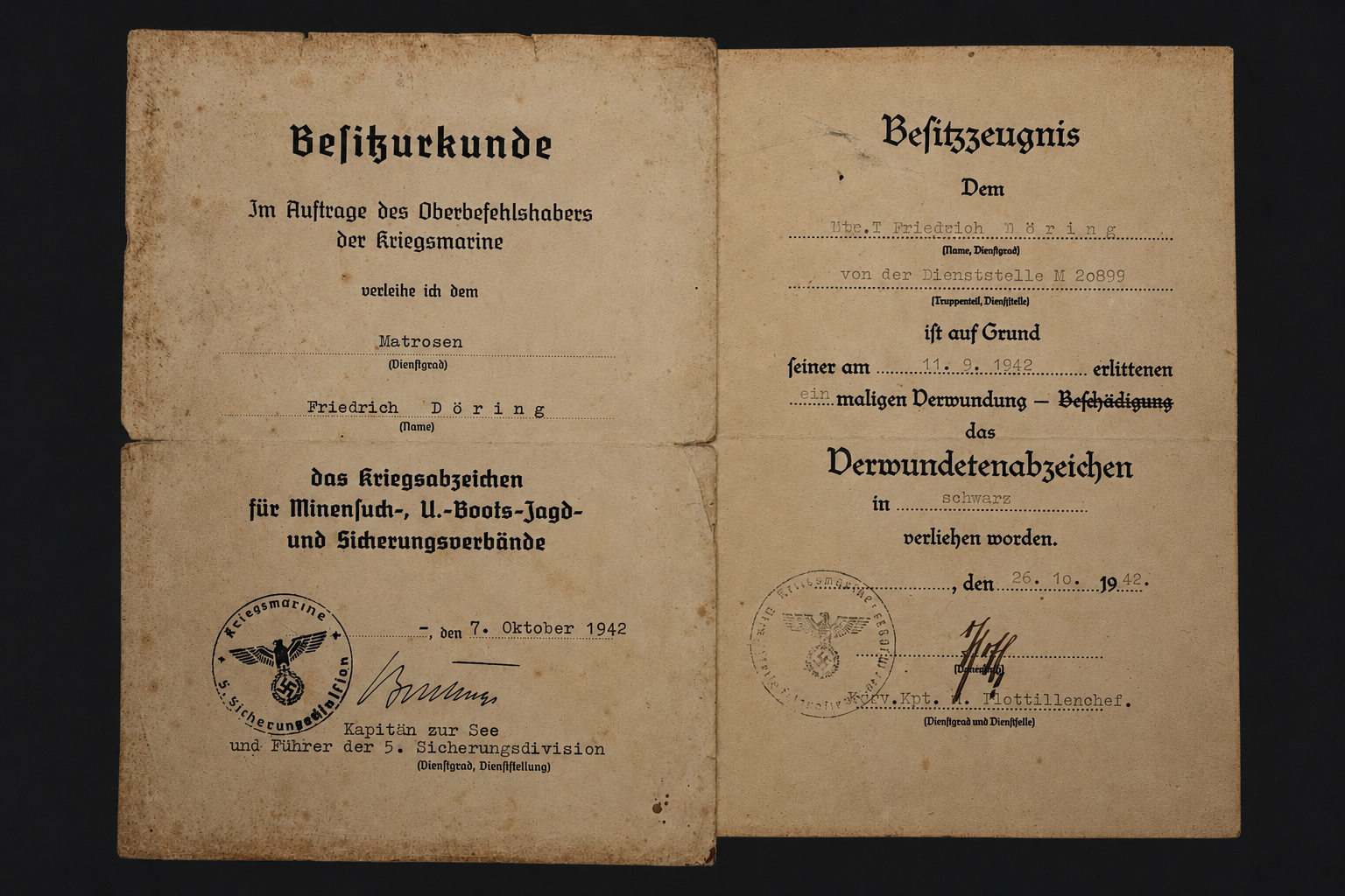 Image 15 jun 2026, 14_30_28 WWII Kriegsmarine Award Document Group – Minesweeper War Badge & Wound Badge - 12. Vorpostenflottille - Image 1