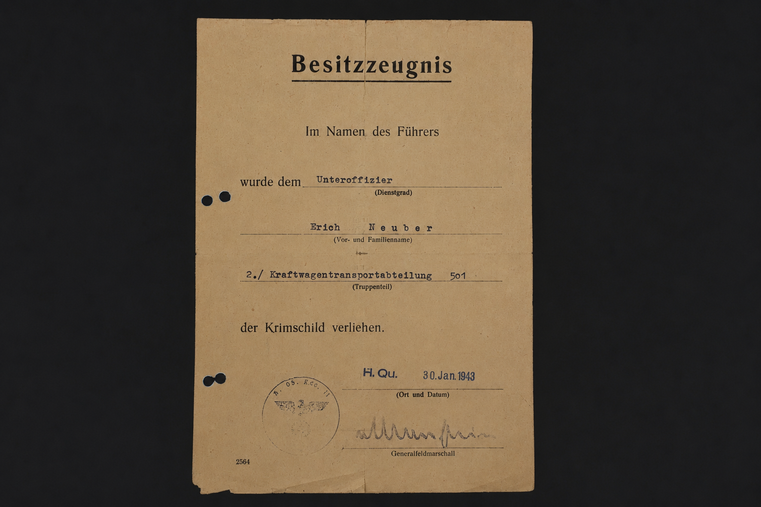 Image 15 jun 2026, 16_51_18 WWII Crimea Shield (Krimschild) Award Document – Unteroffizier, Kraftwagentransportabteilung 501 (1943) - Image 1
