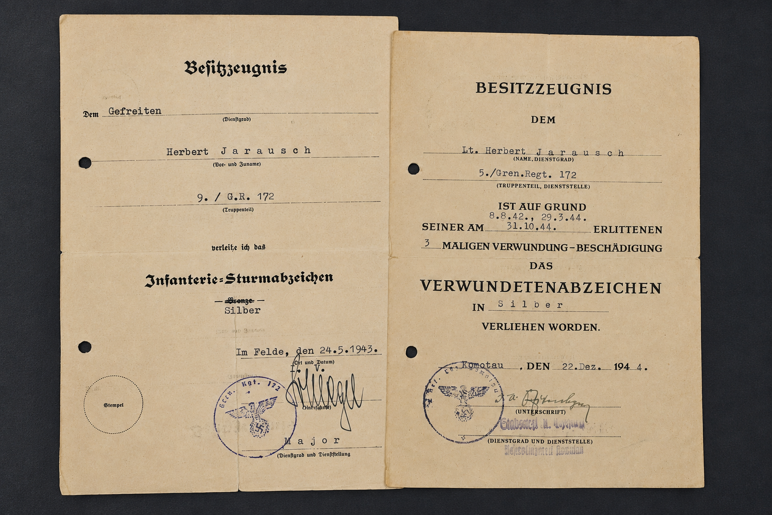 Image 16 jun 2026, 11_31_32 WWII Infantry Assault Badge in Silver & Wound Badge in Silver Document Group – Leutnant in Grenadier-Regiment 172 (75. Infanterie-Division) - Image 1