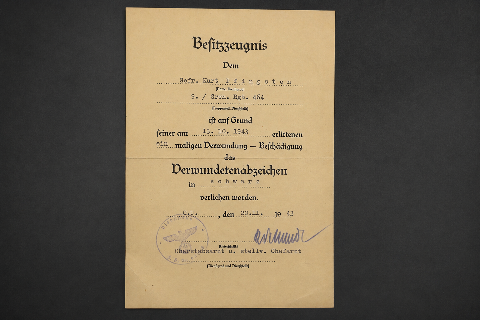 Image 16 jun 2026, 12_18_00 WWII Wound Badge in Black Award Document – Grenadier-Regiment 464 (253. Infanterie-Division) - Image 1