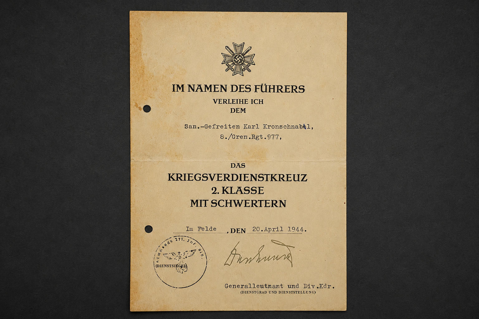 Image 16 jun 2026, 12_35_53 WWII Kriegsverdienstkreuz 2nd Class with Swords Award Document – Grenadier-Regiment 977 – Signed by Generalleutnant Paul Danhauser - Image 1