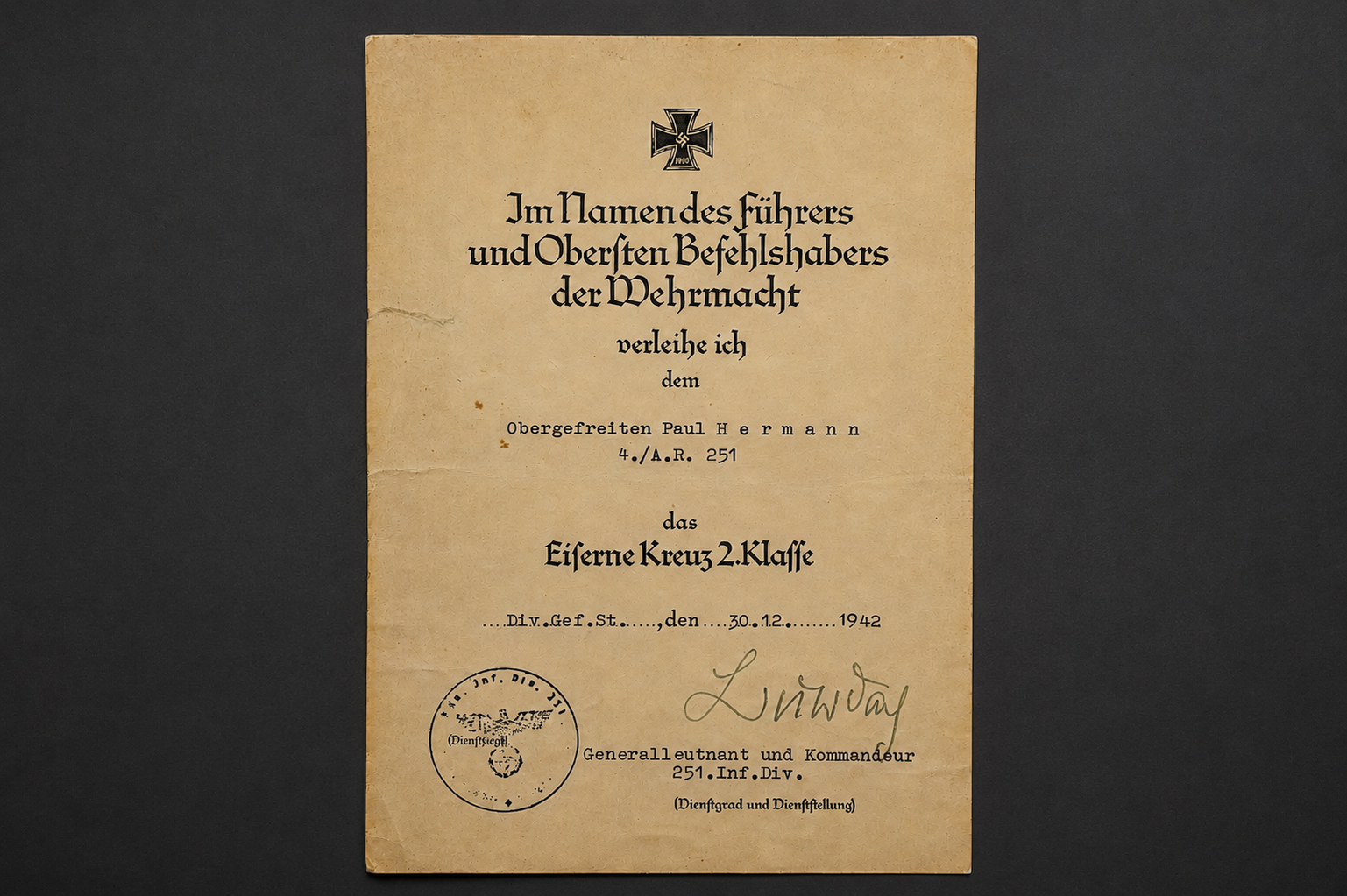 Image 16 jun 2026, 12_48_10 WWII Iron Cross 2nd Class Award Document – Obergefreiter Paul Hermann – Artillerie-Regiment 251 – Signed by Generalleutnant Karl Burdach - Image 1