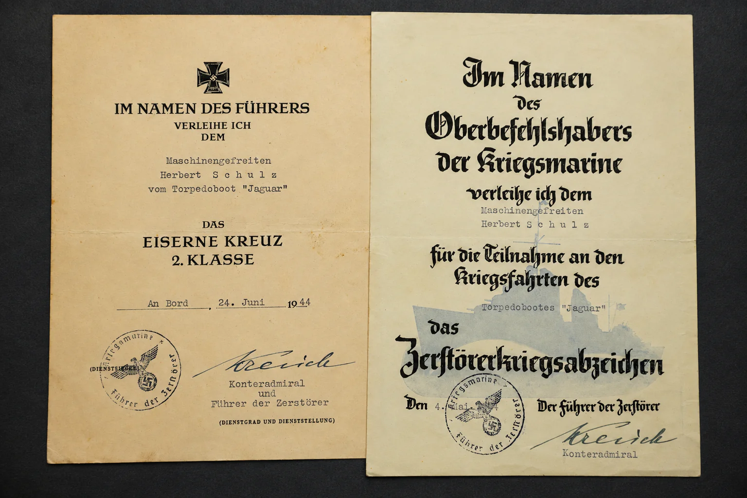 Image 16 jun 2026, 13_09_49 WWII Kriegsmarine Normandy Campaign Document Group – EK2 & Destroyer War Badge to Torpedoboot “Jaguar” - Image 1
