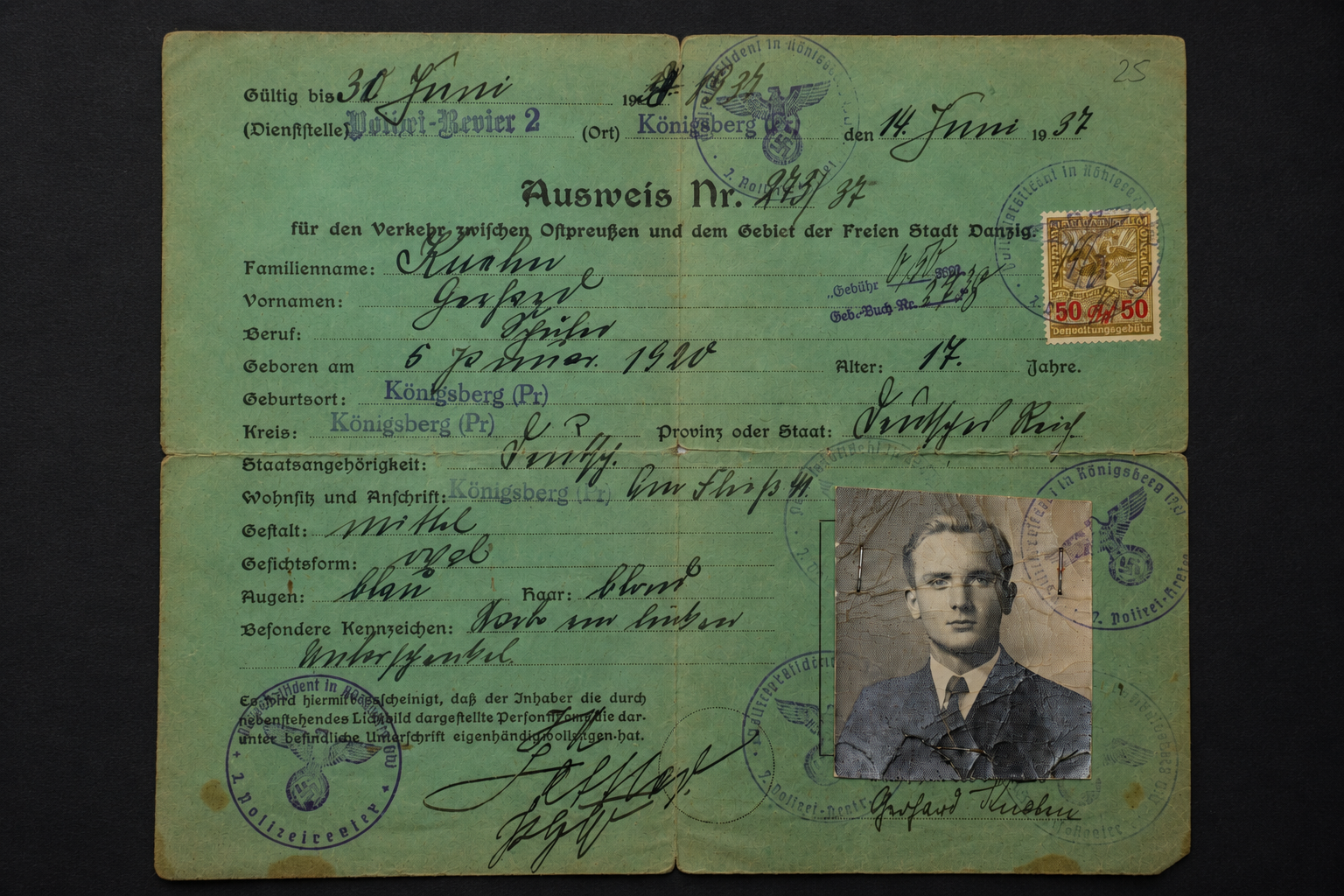 Image 16 jun 2026, 14_02_08 Rare 1937 East Prussia–Free City of Danzig Border Travel Permit (Ausweis) with Photo – Königsberg Issued - Image 1