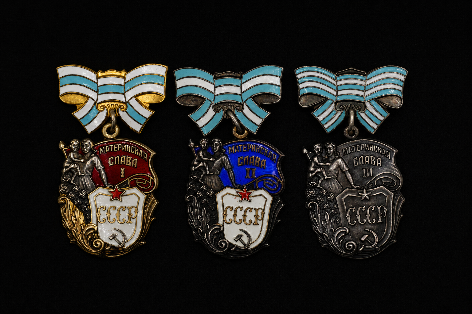 Image 16 jun 2026, 22_02_29 Complete Soviet Order of Maternal Glory Set – 1st, 2nd & 3rd Class – Numbered & Mint Marked USSR Awards - Image 1