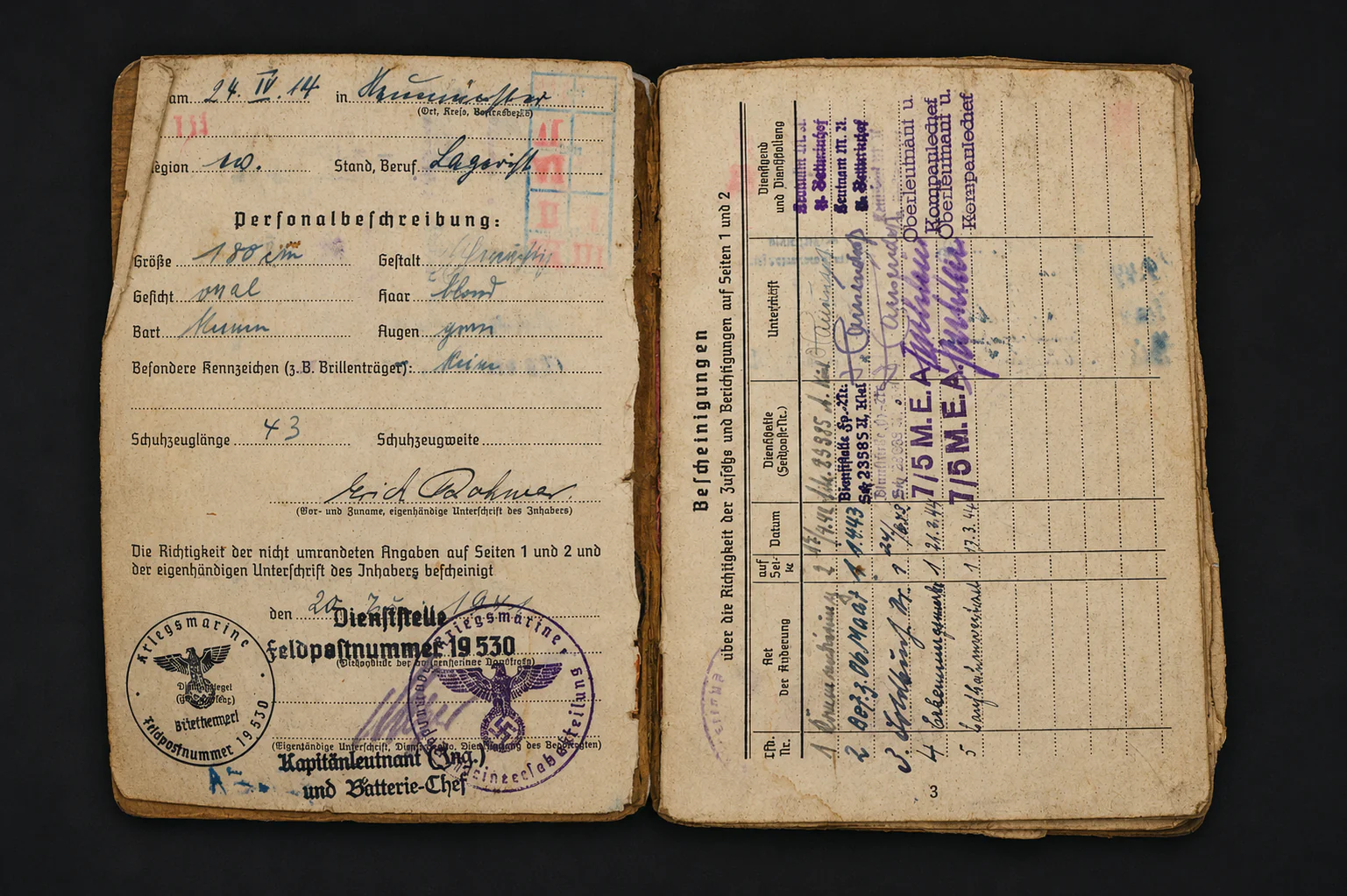 Kriegsmarine Soldbuch – Oberbootsmann – EK2, Wound Badge & Minesweeper Badge – Netzsperrflottille Nord (Norway) - Image 2