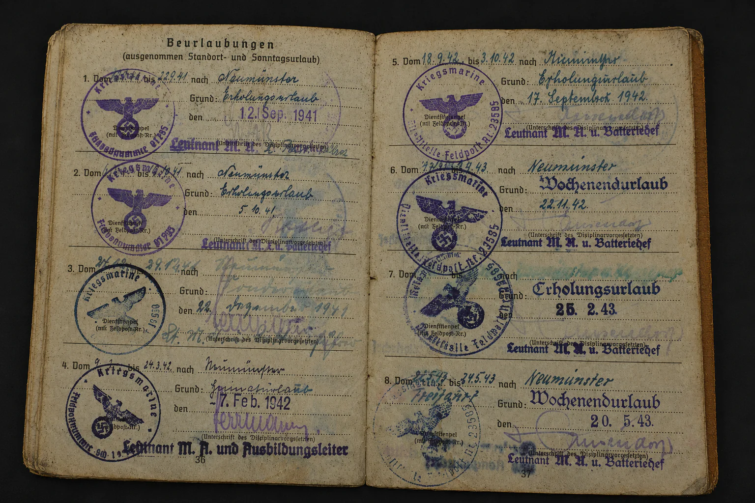 Kriegsmarine Soldbuch – Oberbootsmann – EK2, Wound Badge & Minesweeper Badge – Netzsperrflottille Nord (Norway) - Image 14