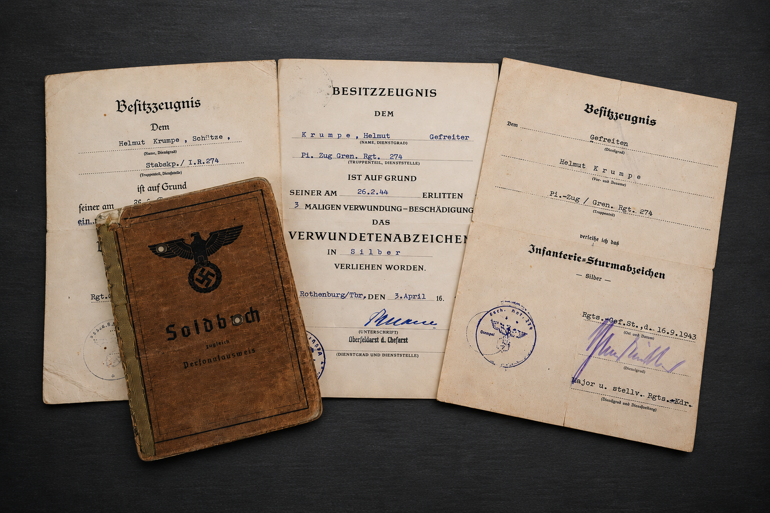 Image 6 jun 2026, 13_23_03 Soldbuch & Award Grouping – Grenadier-Regiment 274 – Stalingrad & Italy Campaign Veteran – Infantry Assault Badge Silver + Wound Badge Black & Silver - Image 1