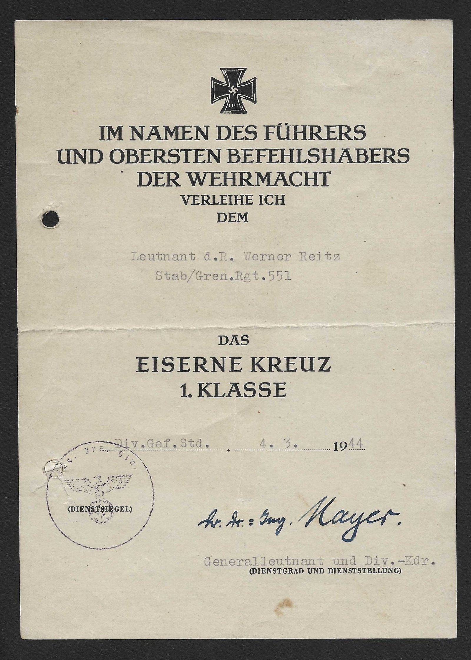 Document_2026-07-03_095126 WWII German EK1 Award Document for a Leutnant- Grenadier-Regiment 551 (329. Infanterie-Division) – Eastern Front 1944 - Image 1
