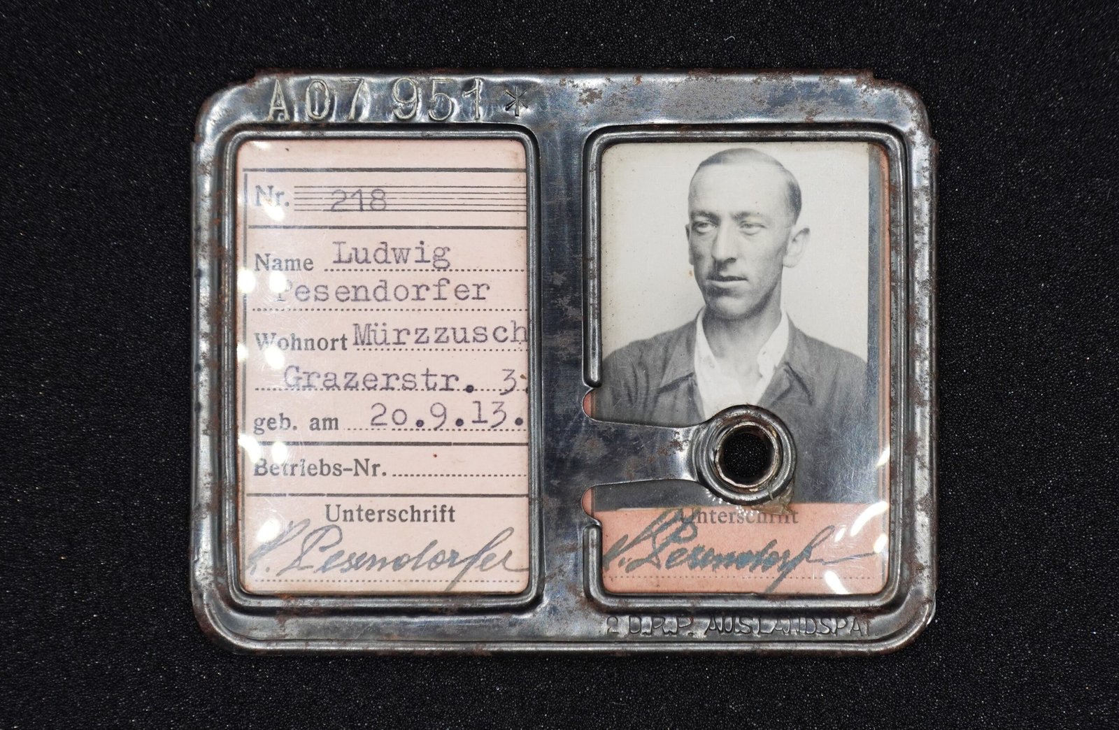 DSC01514 WWII Alpine Montan A.G. "Hermann Göring" Linz Factory Employee Identification Badge – Krieglach Works - Image 1