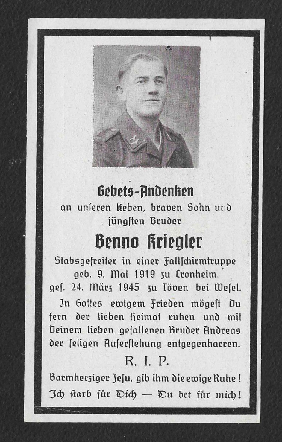 2026-09-15_110740 Death Card - Fallschirmjäger - March 1945 at Töven bei Wesel - Image 1