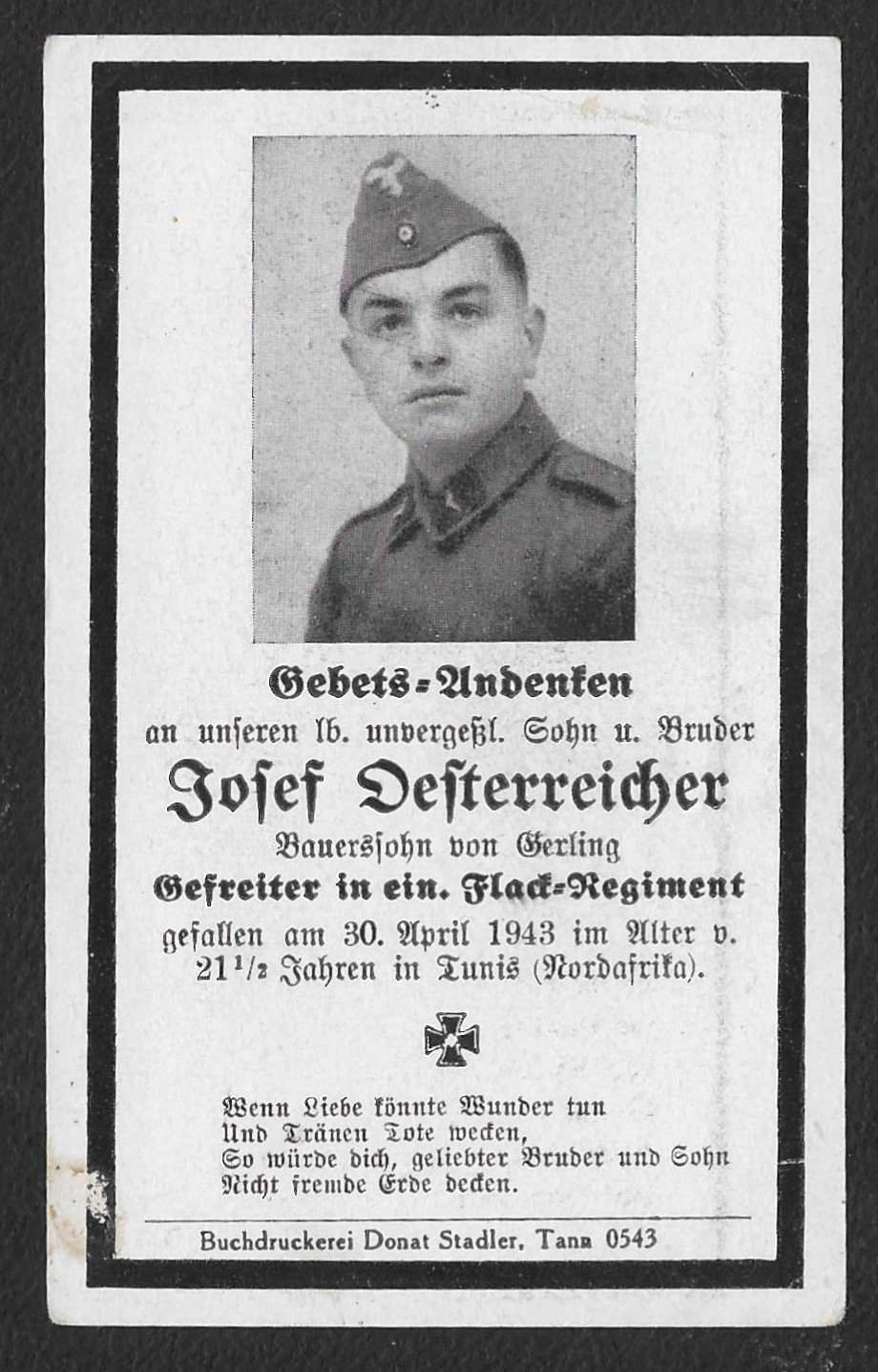 Document_2026-09-02_124219 WWII German Death Card – Josef Deterreicher – Flak Regiment - KIA Tunis, Africa - Image 1