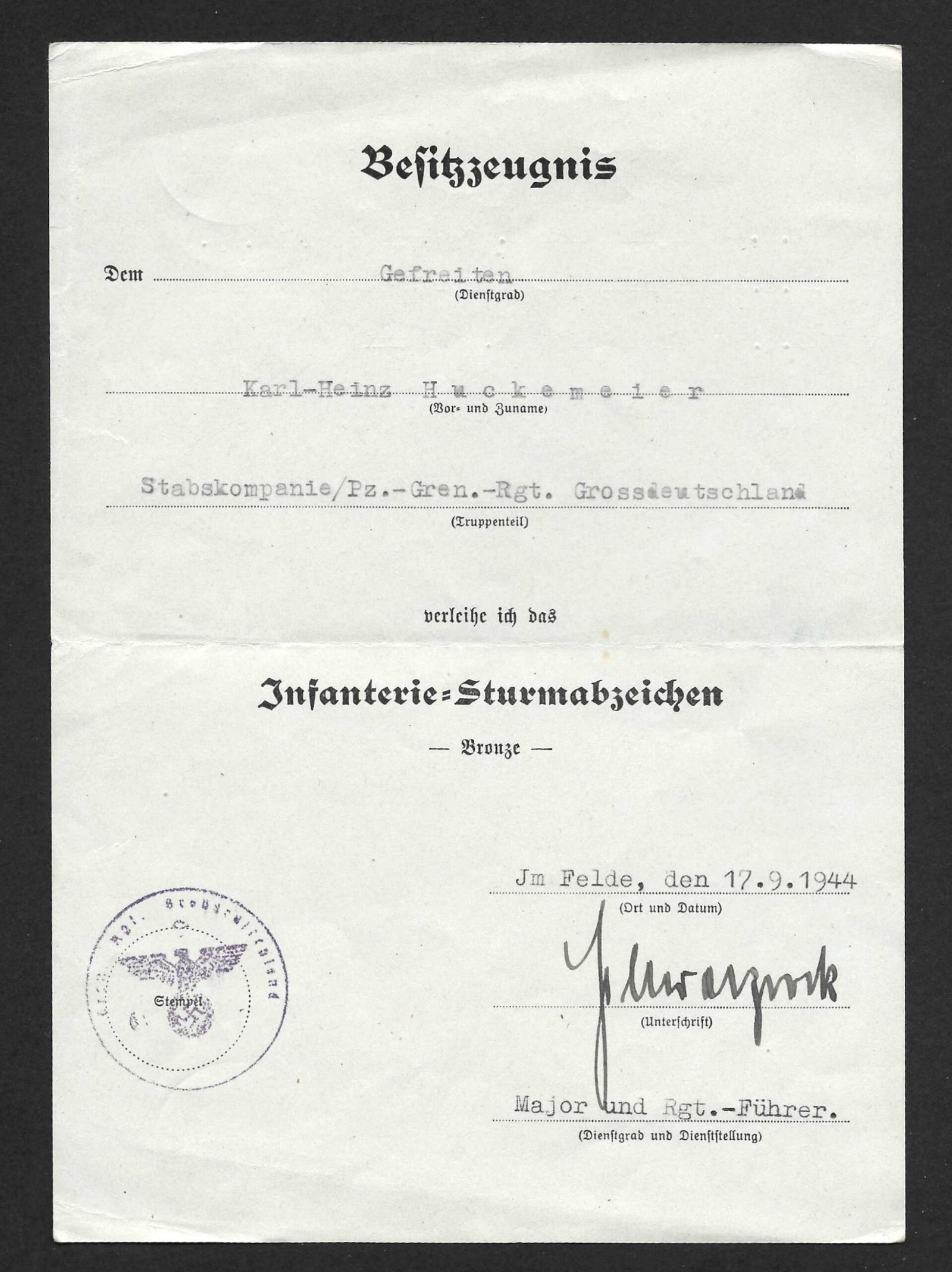 Oorkonde Grossdeutschland Award Document – Infantry Assault Badge in Bronze – Panzer-Grenadier-Regiment „Großdeutschland“ - Image 1