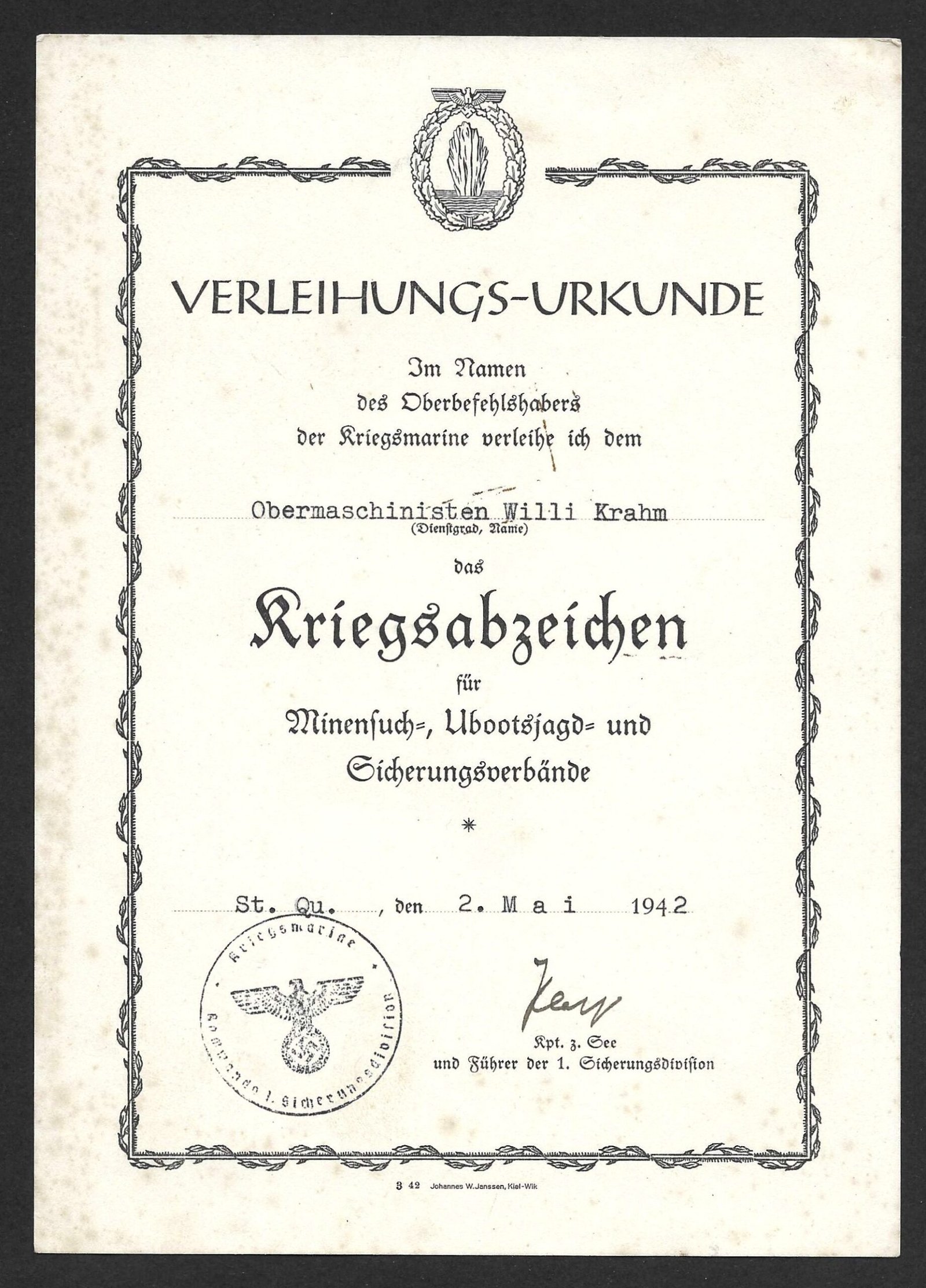 2026-10-03_115513 Kriegsmarine Minesweeper War Badge Certificate – 1942 – 1. Sicherungs-Division (Netherlands) - Image 1