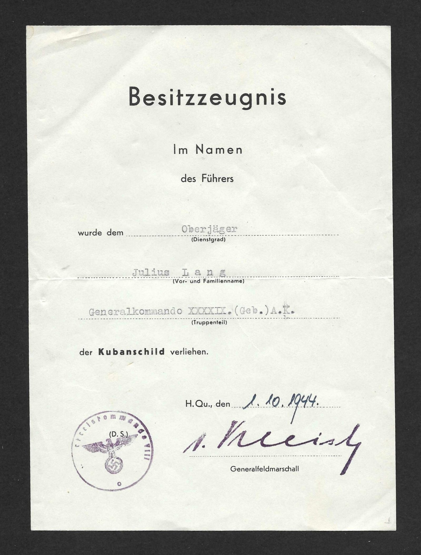 2026-10-03_115856 Kubanschild Award Doc – Oberjäger – XXXXIX. (Geb.) A.K. – 1 October 1944 - Image 1