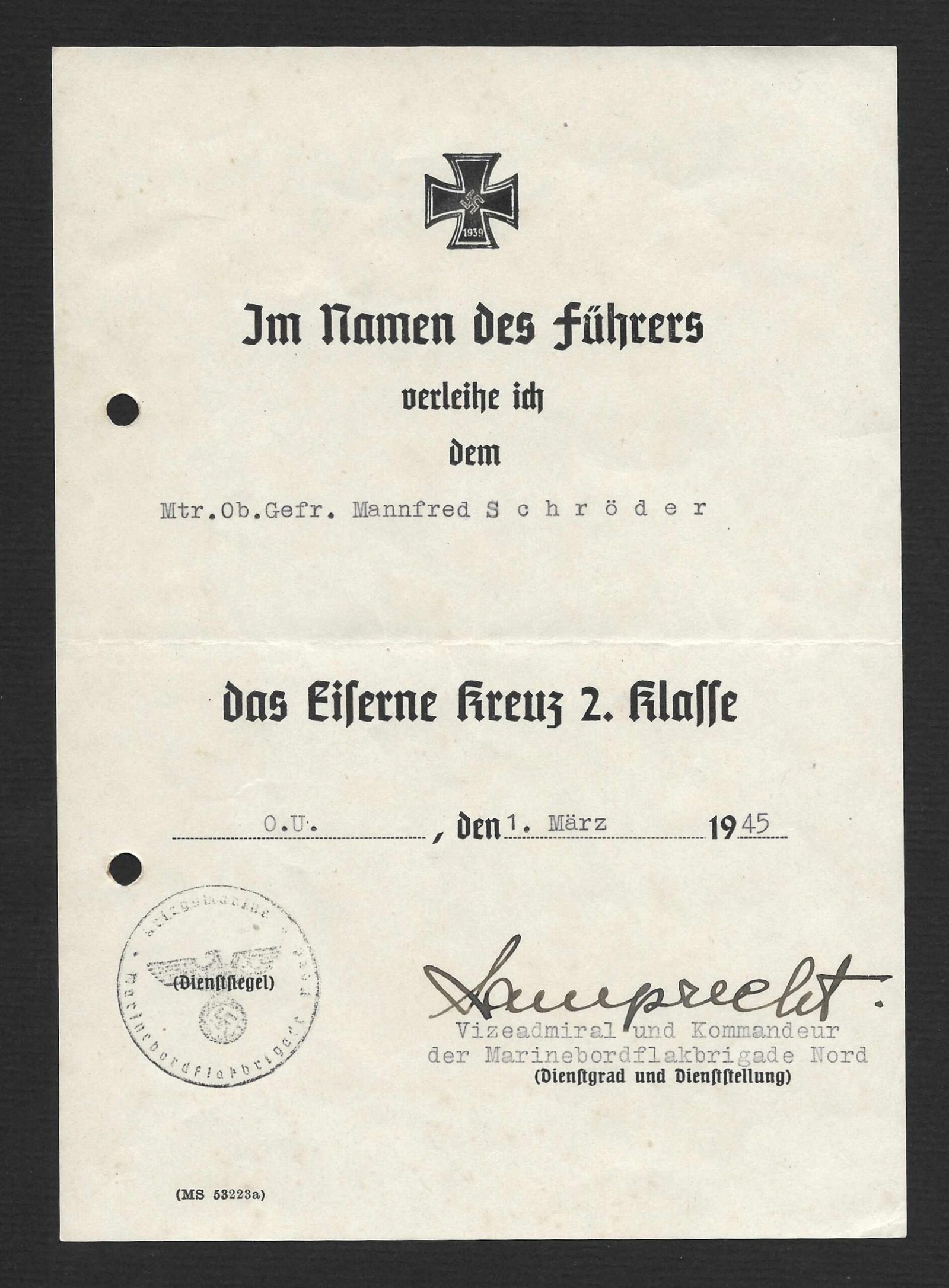2026-10-03_120707 Eisernes Kreuz 2. Klasse Award Certificate – Marinebordflakbrigade Nord – 1 March 1945 - Image 1
