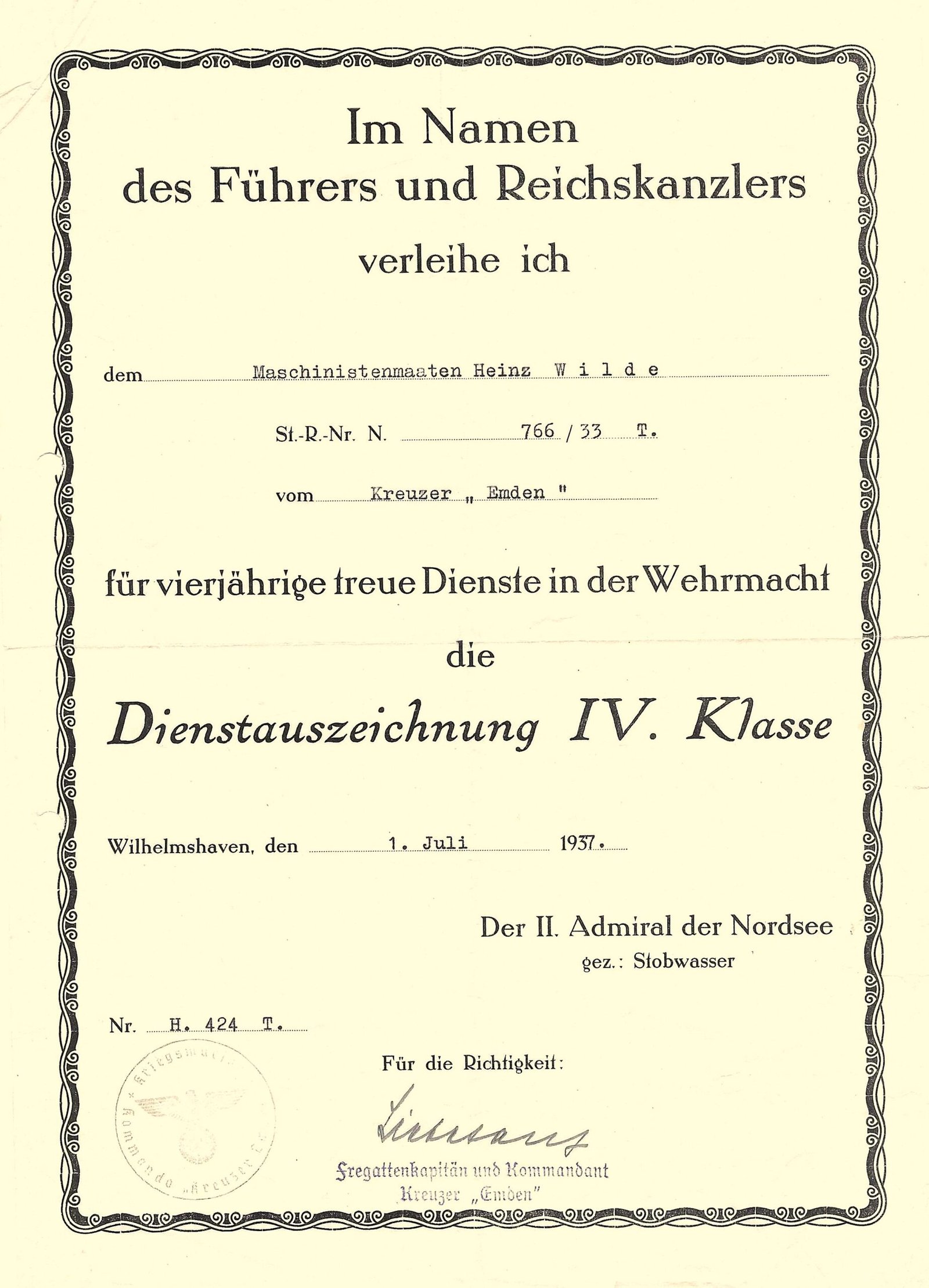 2026-10-03_120920 WH Dienstauszeichnung IV. Klasse – Kriegsmarine – Kreuzer „Emden“ – 1937 - Image 1