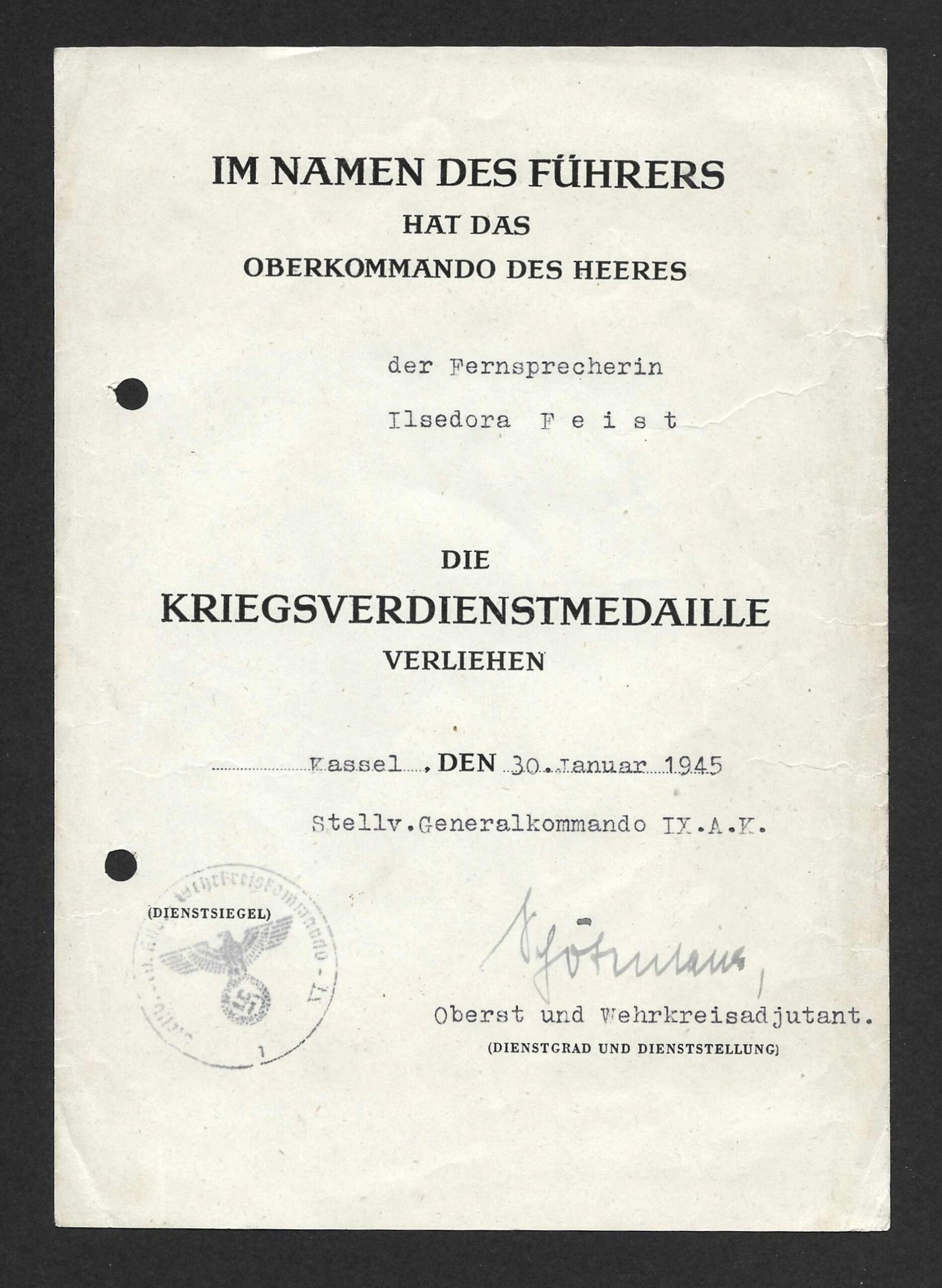 2026-10-03_120925 Kriegsvierdienstmedaille Award Doc – Female – Stellv. Generalkommando IX. A.K. – Kassel, 1945 - Image 1