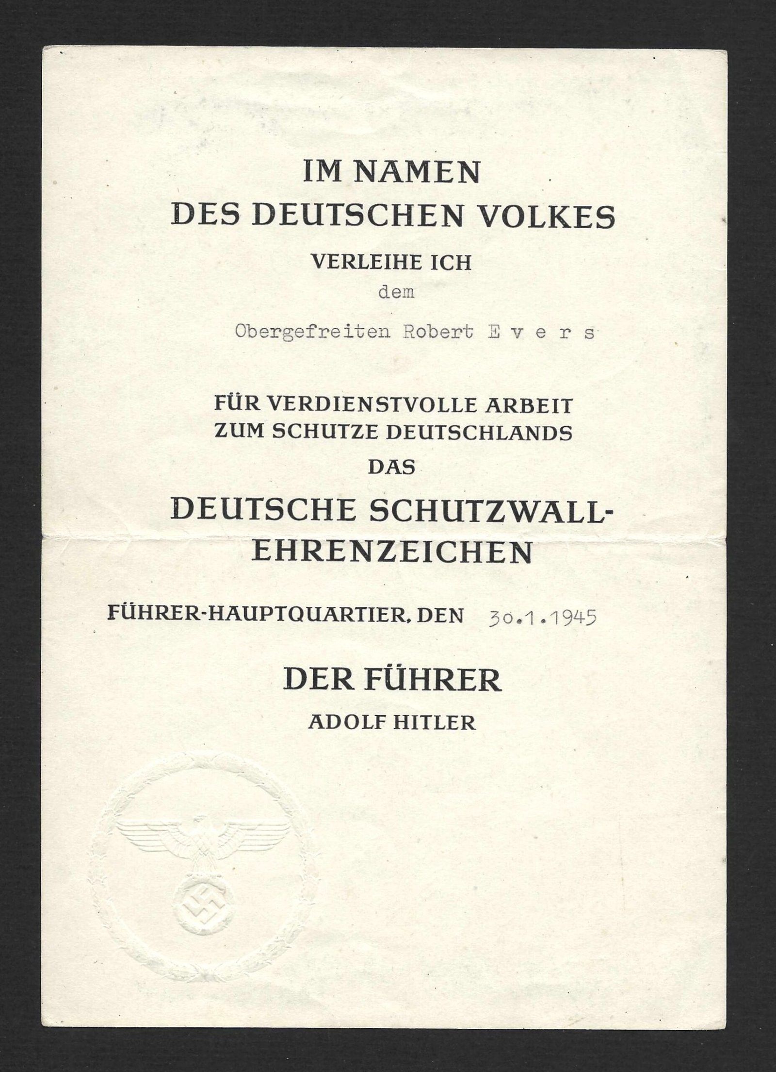 2026-10-03_120930 Deutsches Schutzwall-Ehrenzeichen – 30 January 1945 - Rare Variant - Image 1