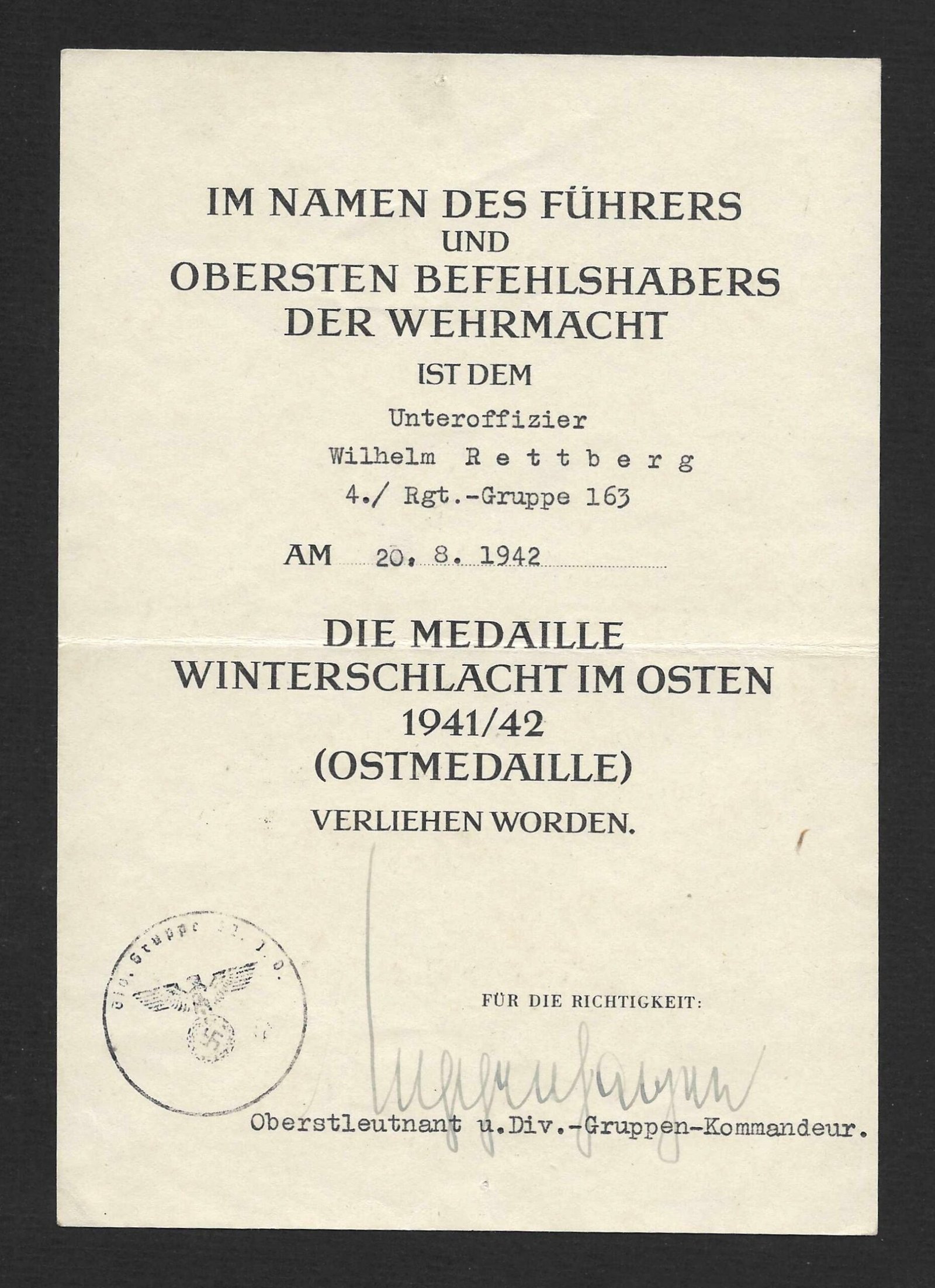 2026-10-03_120933 Ostmedaille Award Certificate – Unteroffizier - Regimentsgruppe 163 - Image 1