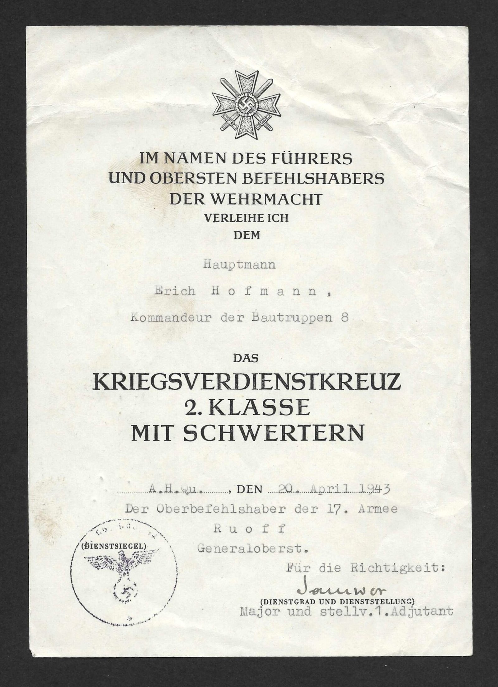 2026-10-03_120934 KVK2X Award Doc – Hauptmann Hofmann - Kommandeur der Bautruppen 8 (17. Armee) - Image 1