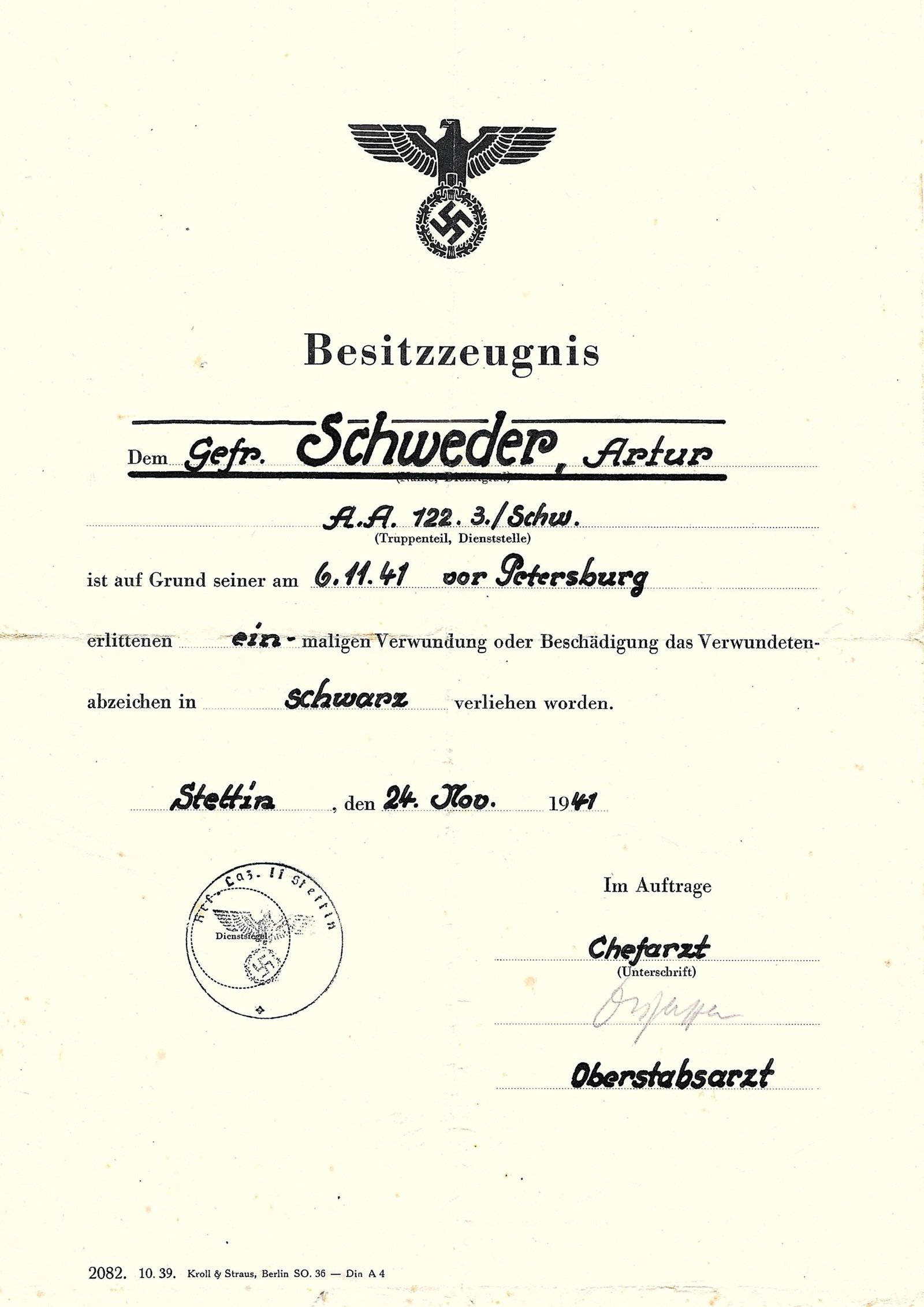 2026-10-03_120935 VWA Schwarz Award Doc – Aufklärungs-Abteilung 122 - WIA "vor Petersburg" - Image 1
