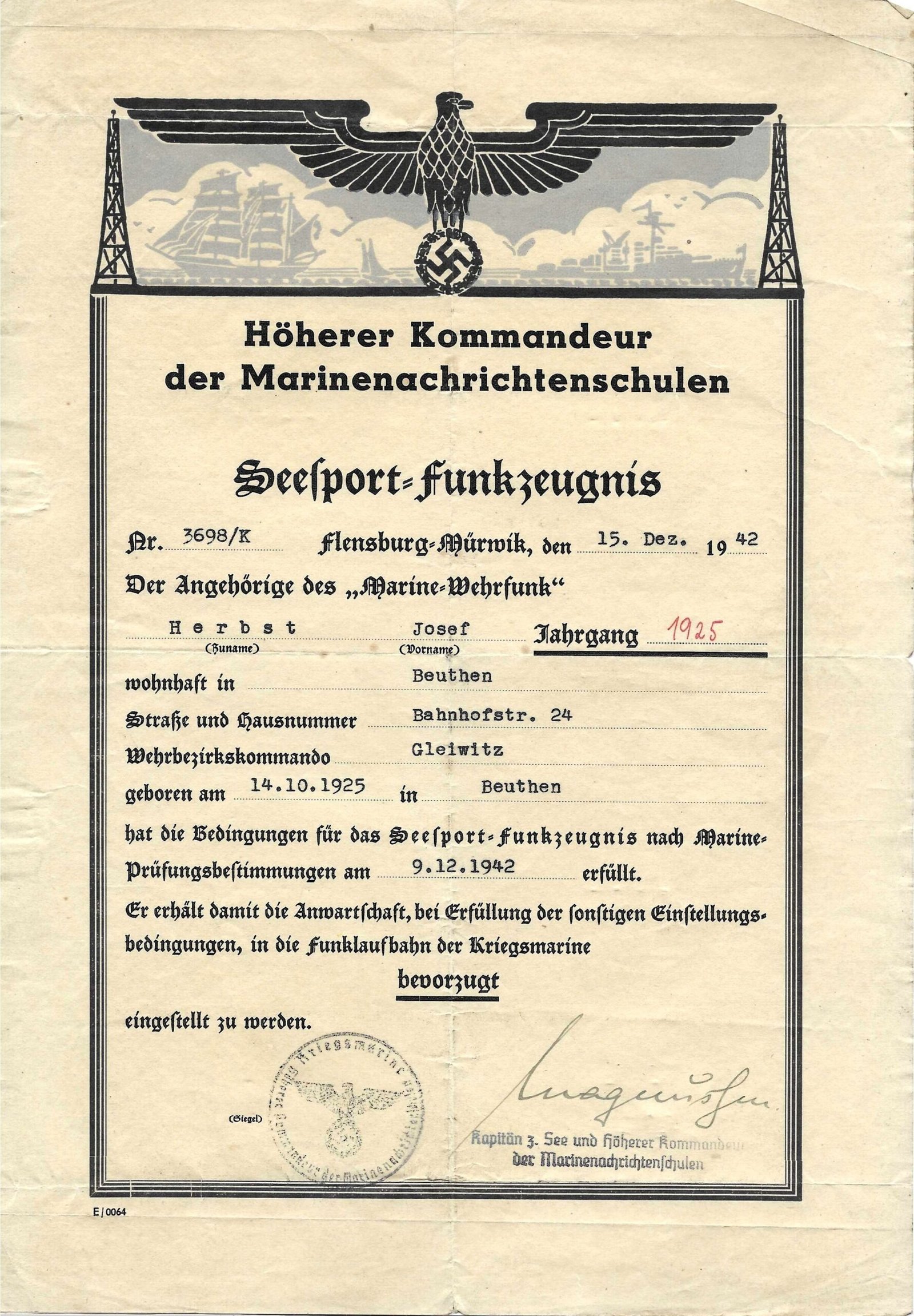 2026-10-03_120936 Kriegsmarine Seefunkzeugnis – Marine-Wehrfunk, 1942 - Image 1