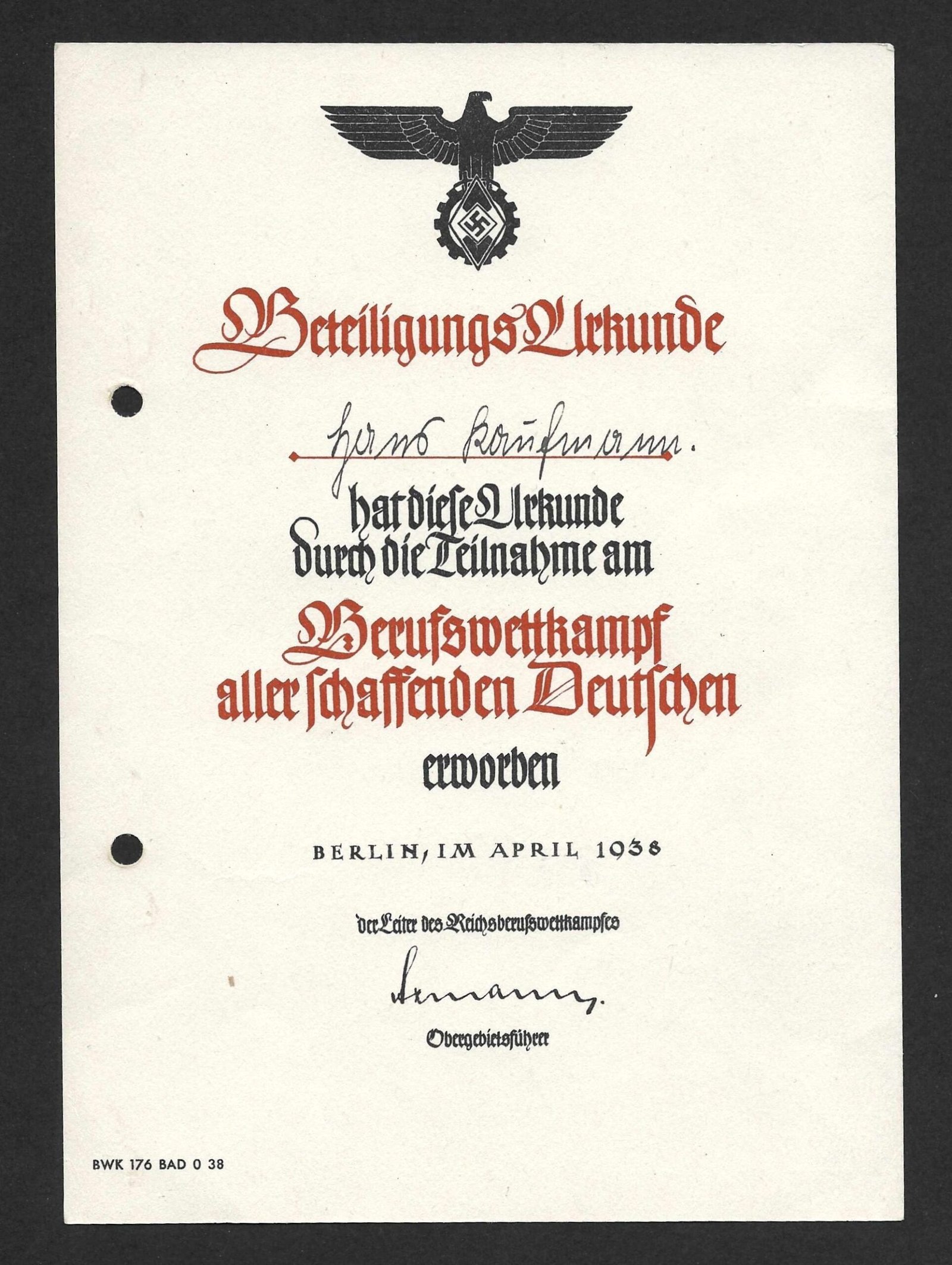 2026-10-03_120938 1938 Beteiligungs-Urkunde – Reichsberufswettkampf aller schaffenden Deutschen - Image 1