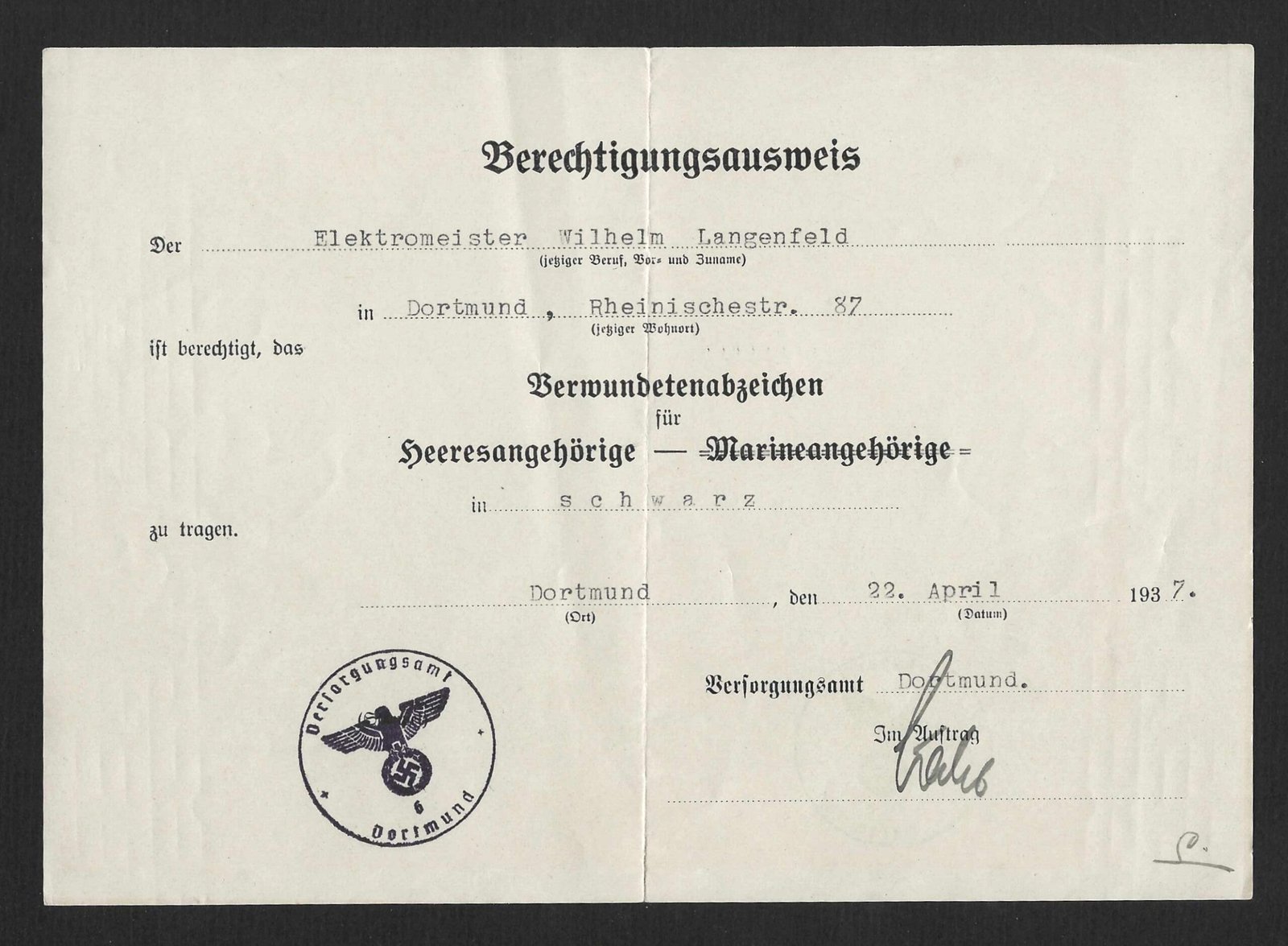 2026-10-03_120939 WWI Veteran's Verwundetenabzeichen Berechtigungsausweis 1937 – Dortmund - Image 1