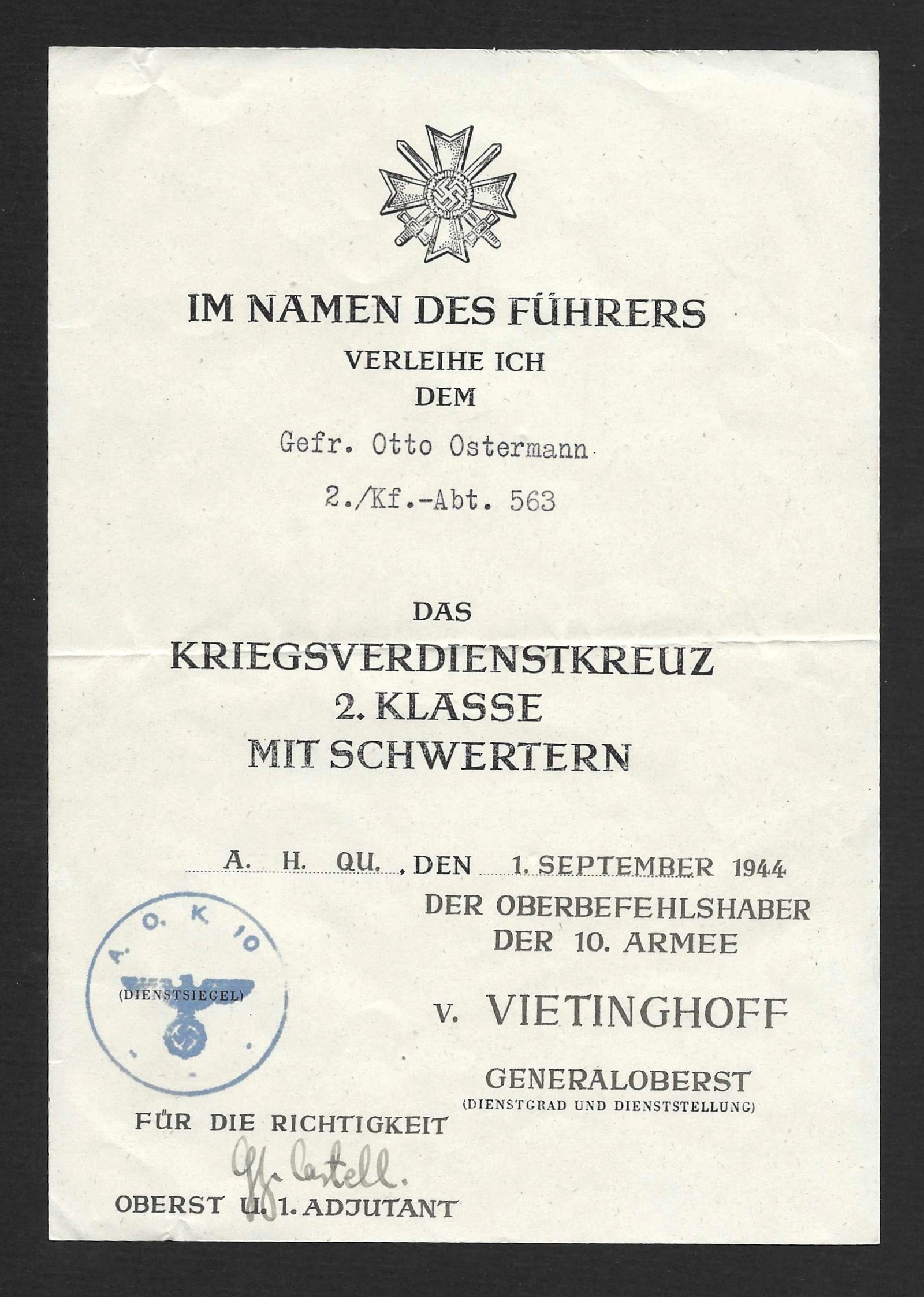 2026-10-03_120941 KVK2X Award Doc – Kraftfahr-Abteilung 563, Italy (10. Armee) - (von Vietinghoff Variant) - Image 1