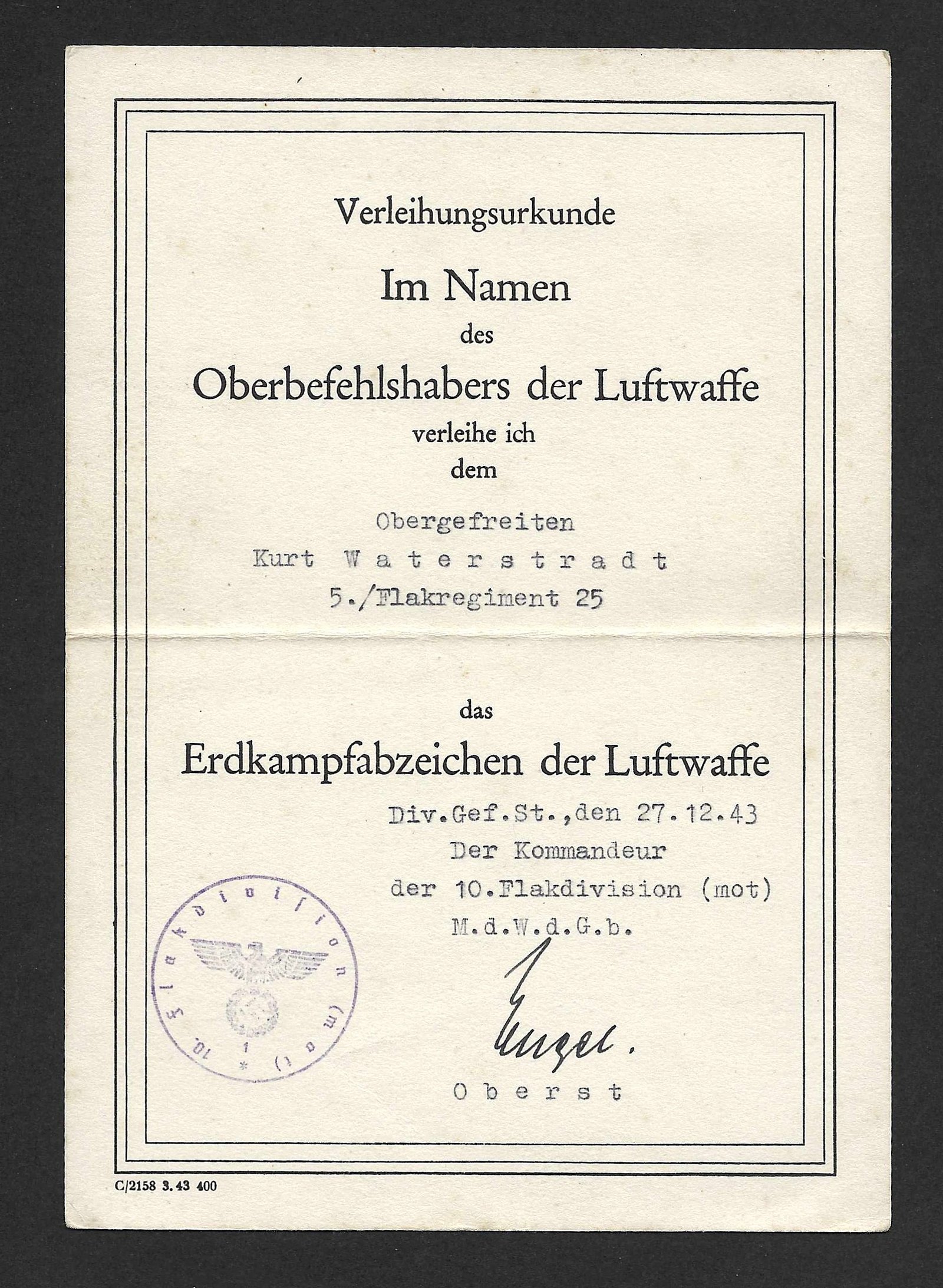 2026-10-03_120942 Luftwaffe Erdkampfabzeichen Award Certificate – Flak-Regiment 25 (10. Flak-Division) - Image 1