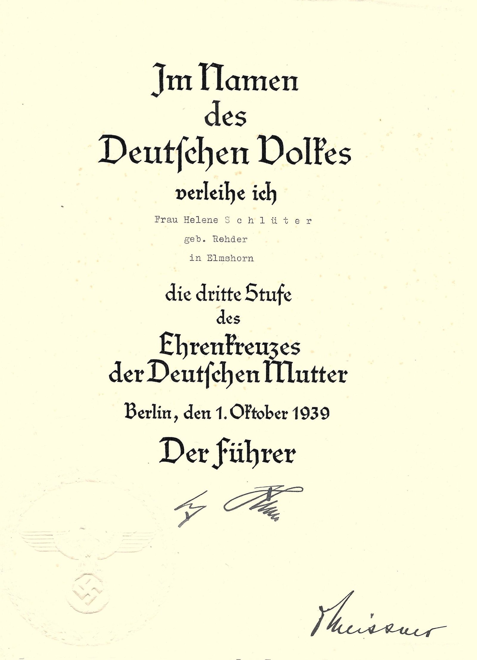 2026-10-03_120944 Ehrenkreuz der Deutschen Mutter 3rd Class (Bronze) – Elmshorn, 1939 - Image 1
