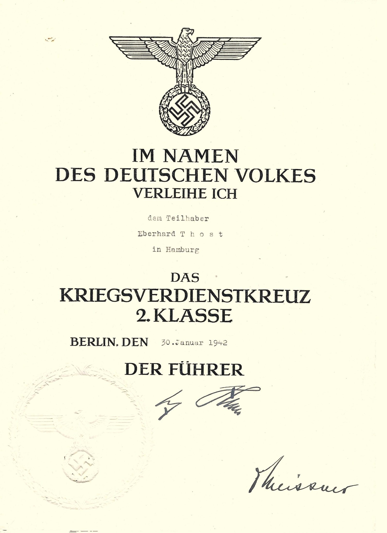 2026-10-03_120945 Kriegsverdienstkreuz 2. Klasse Award Certificate - Hamburg, 1942 - Image 1