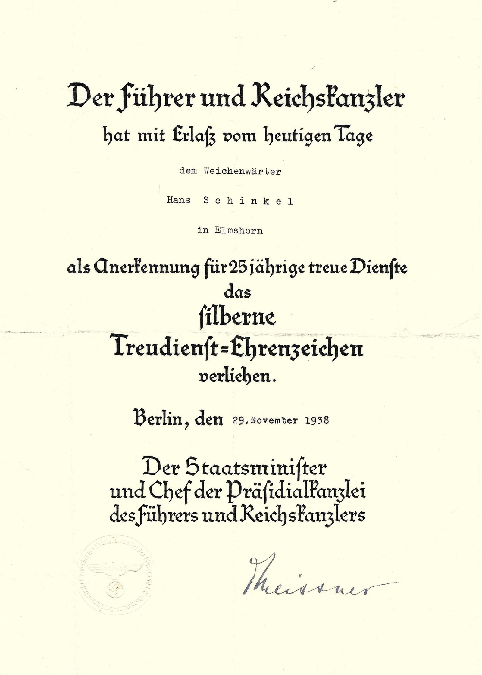 2026-10-03_120946 Silbernes Treudienst-Ehrenzeichen Award Doc – 25 Years Faithful Service – Elmshorn, 1938 - Image 1