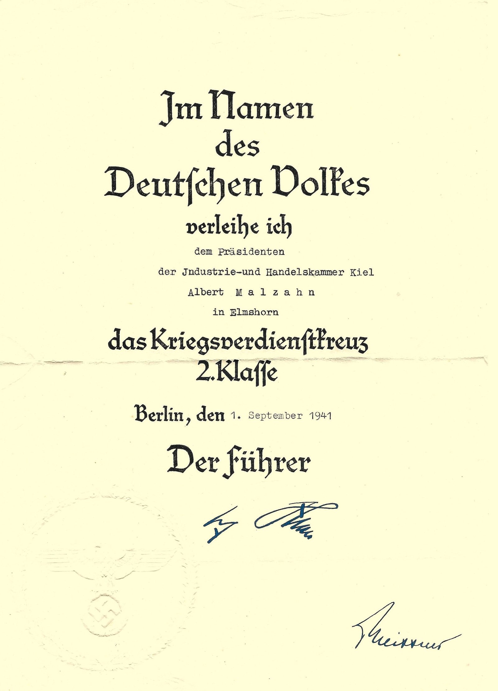 2026-10-04_145832 Kriegsverdienstkreuz 2. Klasse Award Doc – President of the Chamber of Industry and Commerce Kiel - Elmshorn, 1941 - Image 1