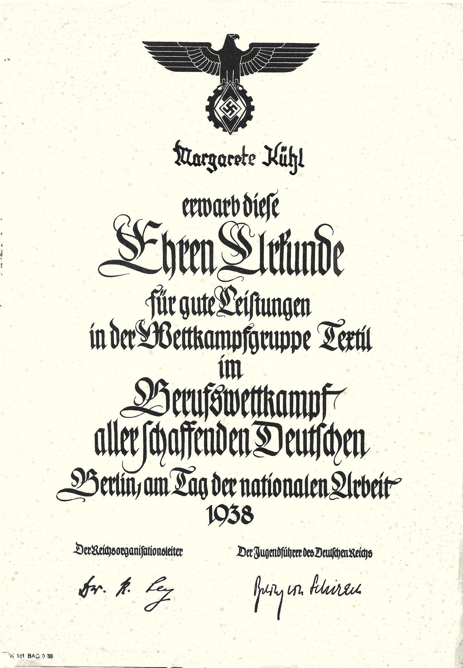 2026-10-04_150136 Ehrenurkunde – Reichsberufswettkampf 1938 – Wettkampfgruppe Textil - Image 1