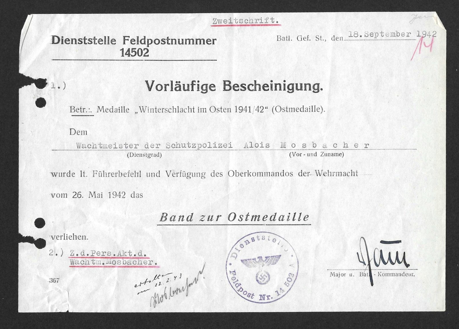 2026-10-04_150500 Band zur Ostmedaille 1941/42 – Preliminary Award Certificate – Polizei-Bataillon 311 (!) - Image 1