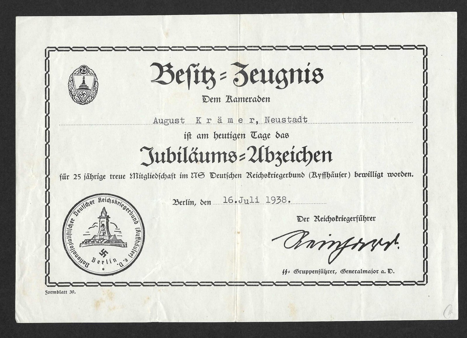 2026-10-05_094340 1938 Jubiläums-Abzeichen Certificate – 25 Years' Membership, NS Deutscher Reichskriegerbund (Kyffhäuser) - Image 1