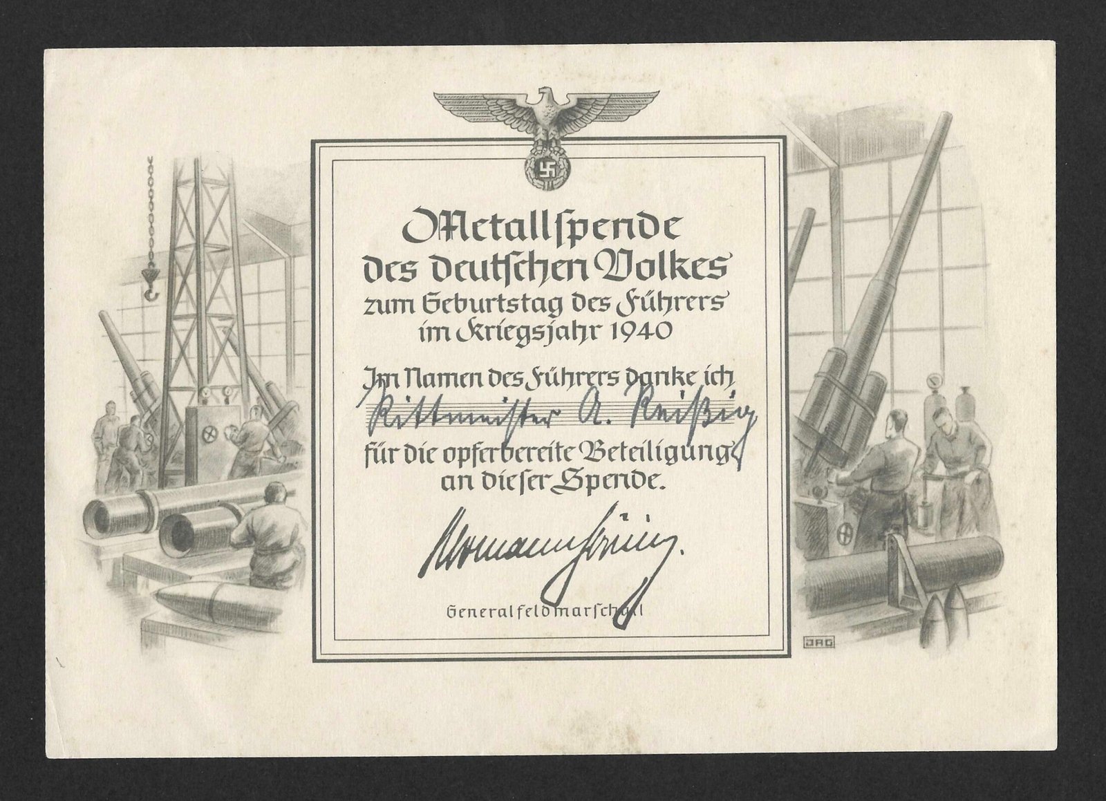 2026-10-05_100558 Metallspende des Deutschen Volkes – Dankurkunde 1940 – Hermann Göring - Image 1
