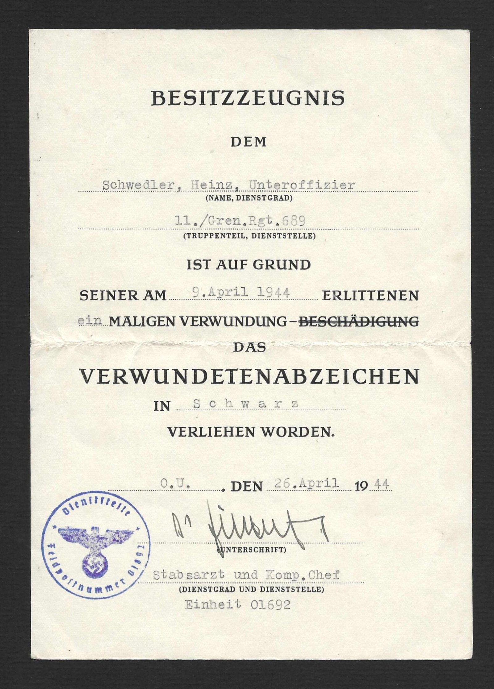 2026-10-08_133349 Verwundetenabzeichen in Schwarz Award Doc – Grenadier-Regiment 689 (246. Infanterie-Division) - 1944 - Image 1