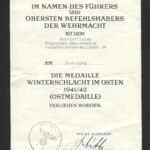 Ostmedaille 1941/42 Award Doc – Unteroffizier - Artillerie-Regiment 34