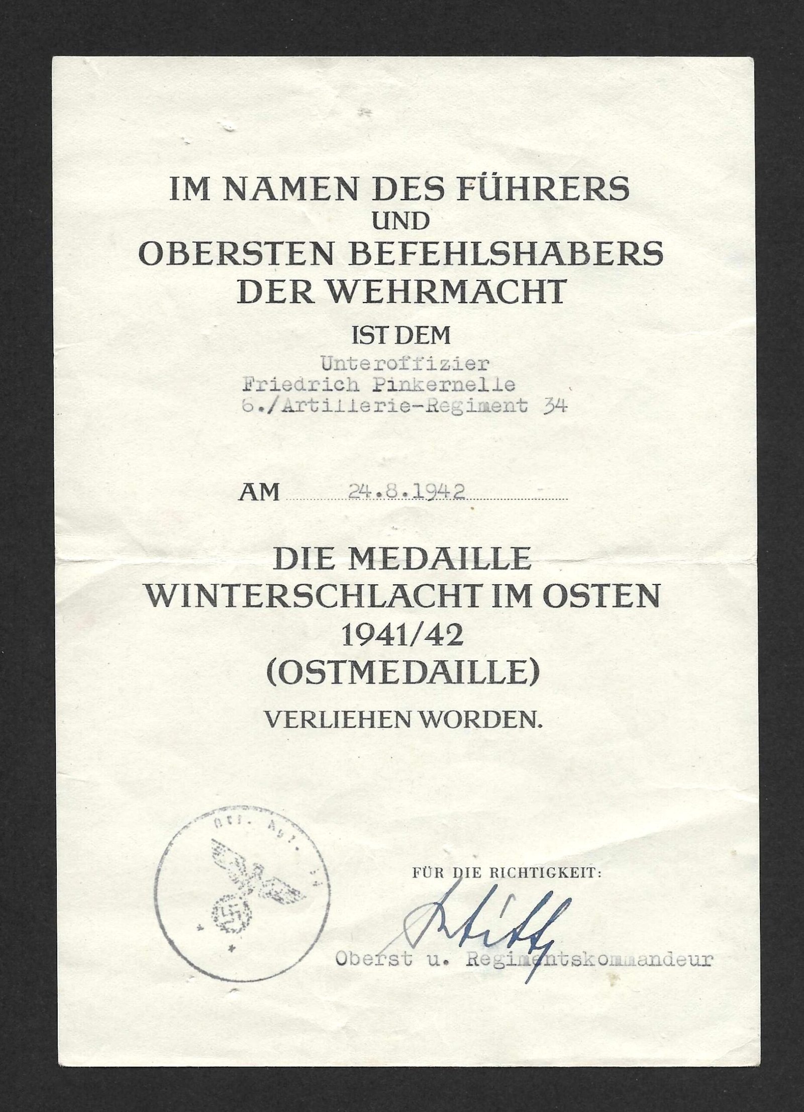 2026-10-08_133752 Ostmedaille 1941/42 Award Doc – Unteroffizier - Artillerie-Regiment 34 - Image 1